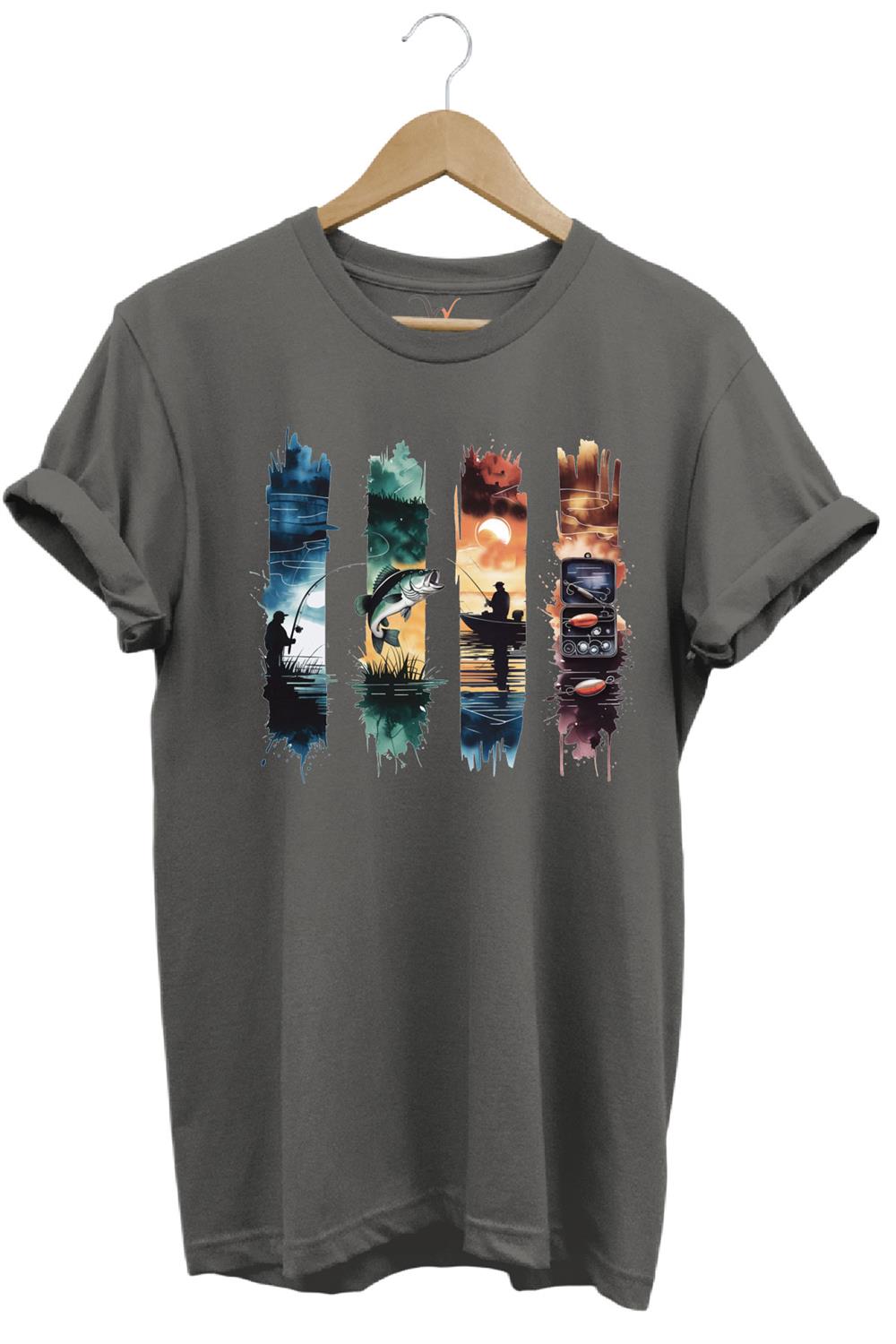 Balıkçılık Temalı Renkli Sahne Baskılı %100 Pamuk Unisex Regular Fit T-Shirt - Antrasit