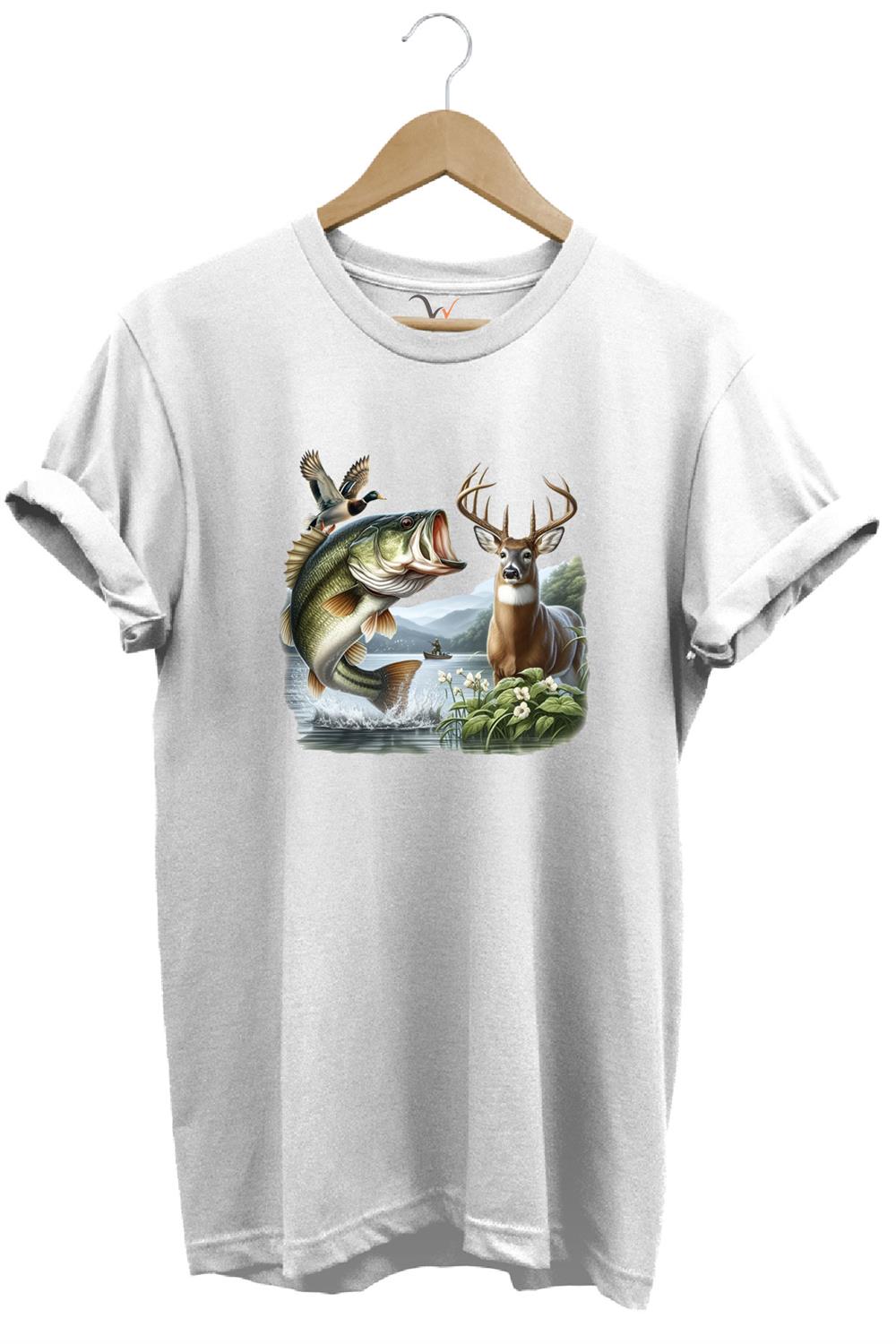 Balıkçılık Ve Avcılık Temalı Geyik, Ördek Ve Turna Balığı Baskılı %100 Pamuk Regular Fit T-Shirt - Beyaz