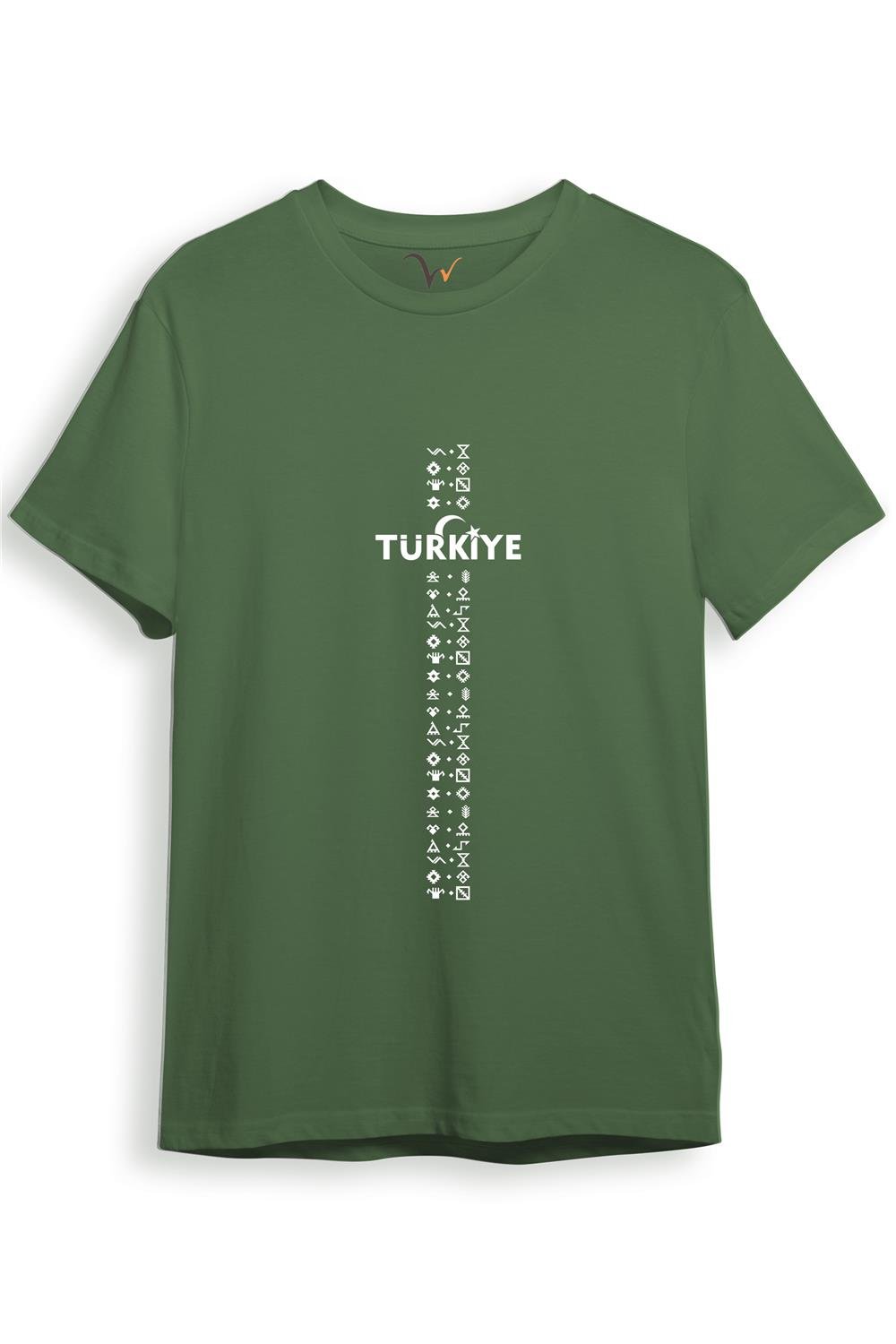 Bozkurt Göktürk Alfabesi Türkiye Sembolleri Yazısı Ve Ay Yıldız Ve Hilal Baskılı Regular Fit T-Shirt - Haki