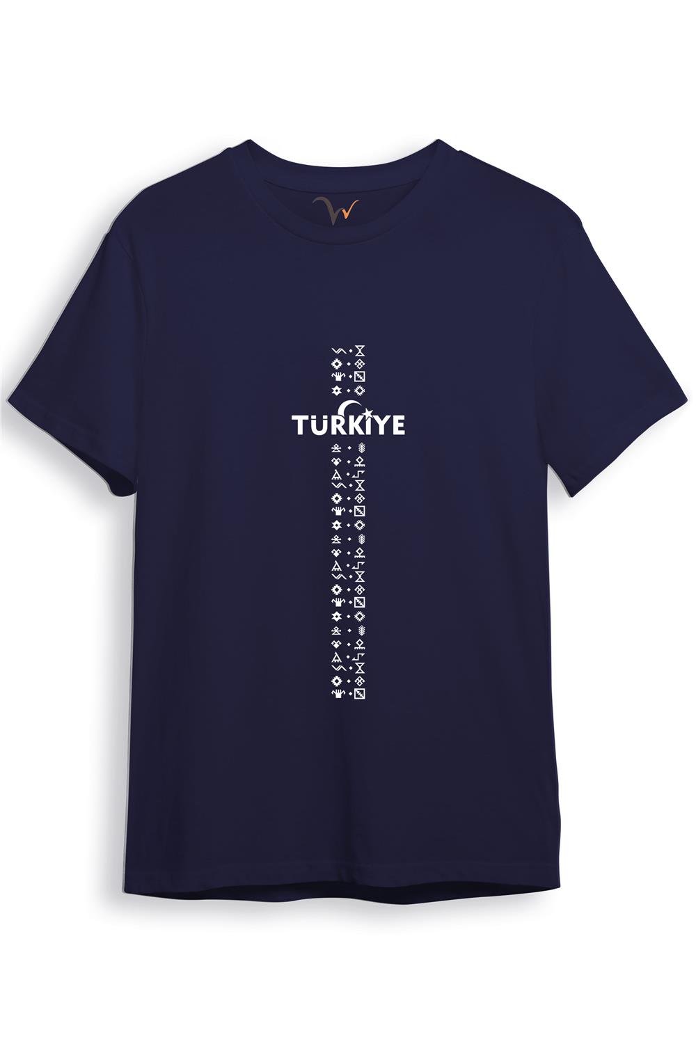 Bozkurt Göktürk Alfabesi Türkiye Sembolleri Yazısı Ve Ay Yıldız Ve Hilal Baskılı Regular Fit T-Shirt - Lacivert