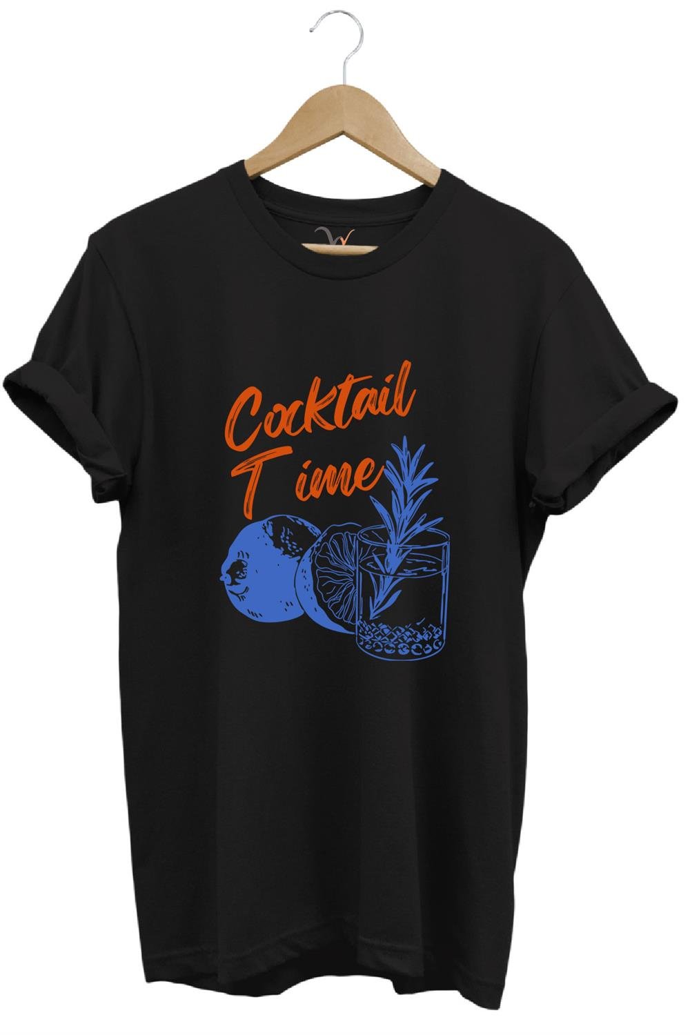 Cocktail Time Tasarım Baskılı Y2K Old Money %100 Pamuk Regular Fit Bisiklet Yaka Premium T-Shirt - Siyah