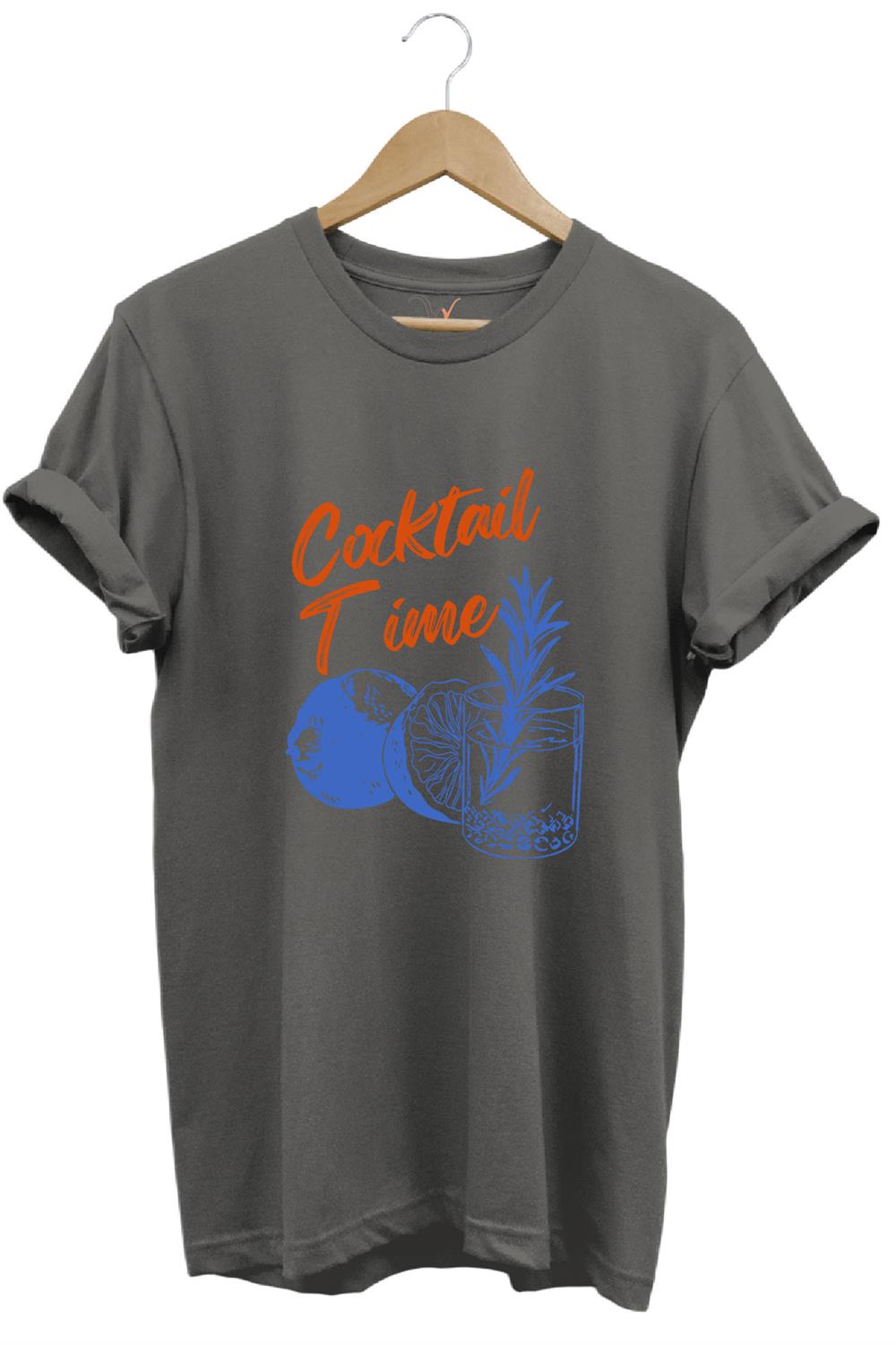 Cocktail Time Tasarım Baskılı Y2K Old Money %100 Pamuk Regular Fit Bisiklet Yaka Premium T-Shirt - Antrasit