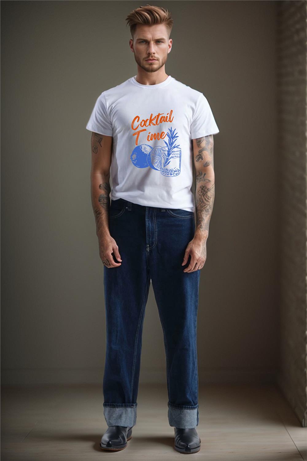 Cocktail Time Tasarım Baskılı Y2K Old Money %100 Pamuk Regular Fit Bisiklet Yaka Premium T-Shirt - Beyaz