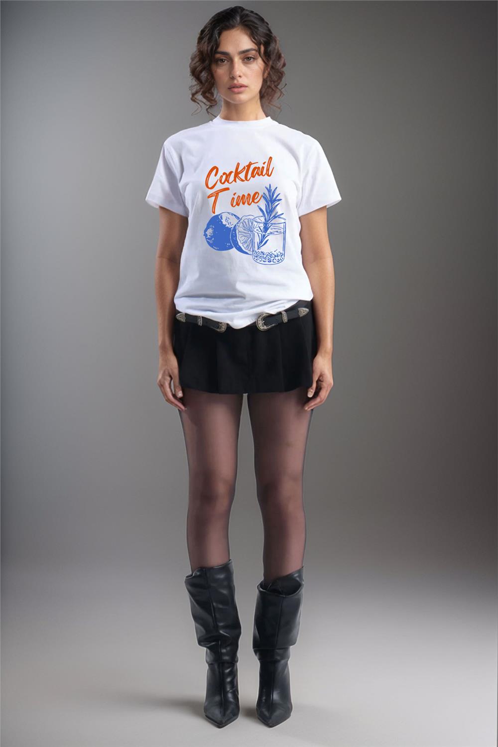 Cocktail Time Tasarım Baskılı Y2K Old Money %100 Pamuk Regular Fit Bisiklet Yaka Premium T-Shirt - Beyaz