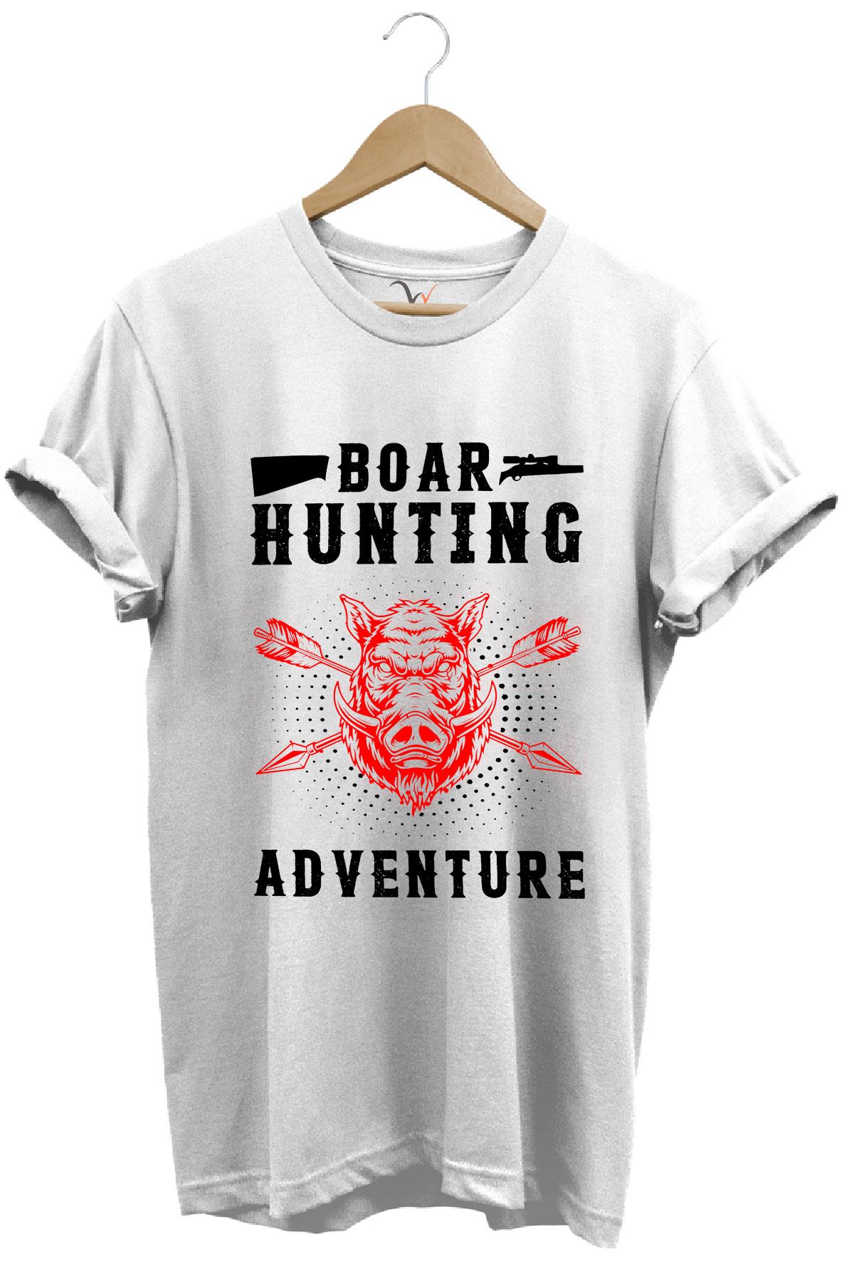 Domuz Avcılığı Baskılı Hunter Avcılık Temalı %100 Pamuk Regular Fit T-Shirt - Beyaz