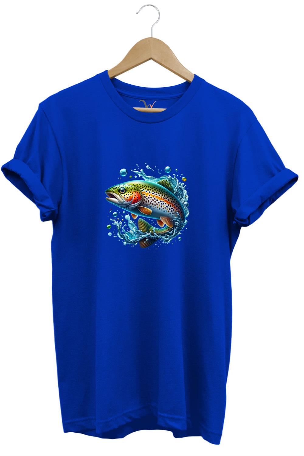 Fishing Avcılık Alabalık Balıkçılığı Baskılı %100 Pamuk Regular Fit Bisiklet Yaka T-Shirt - Mavi