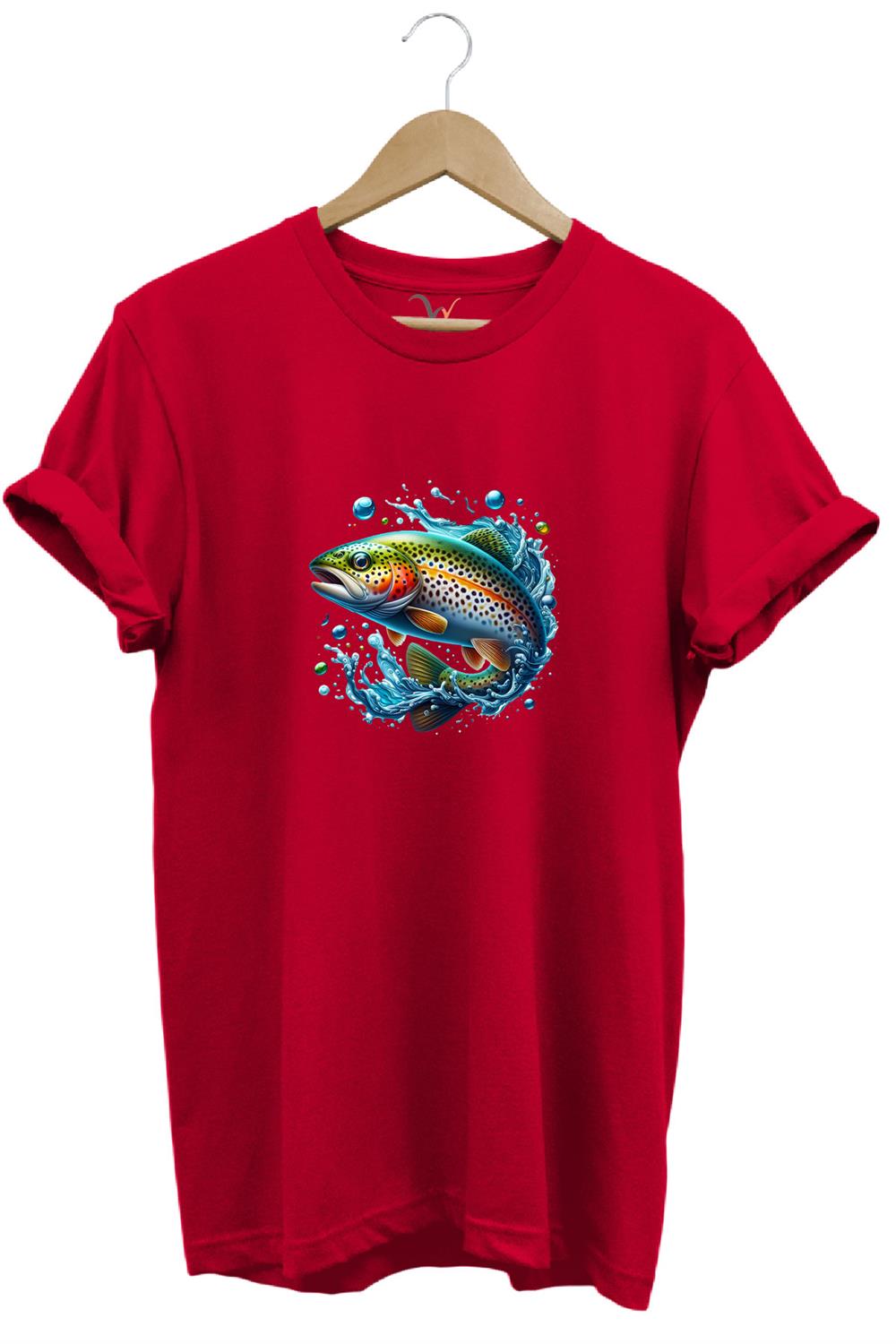 Fishing Avcılık Alabalık Balıkçılığı Baskılı %100 Pamuk Regular Fit Bisiklet Yaka T-Shirt - Kırmızı
