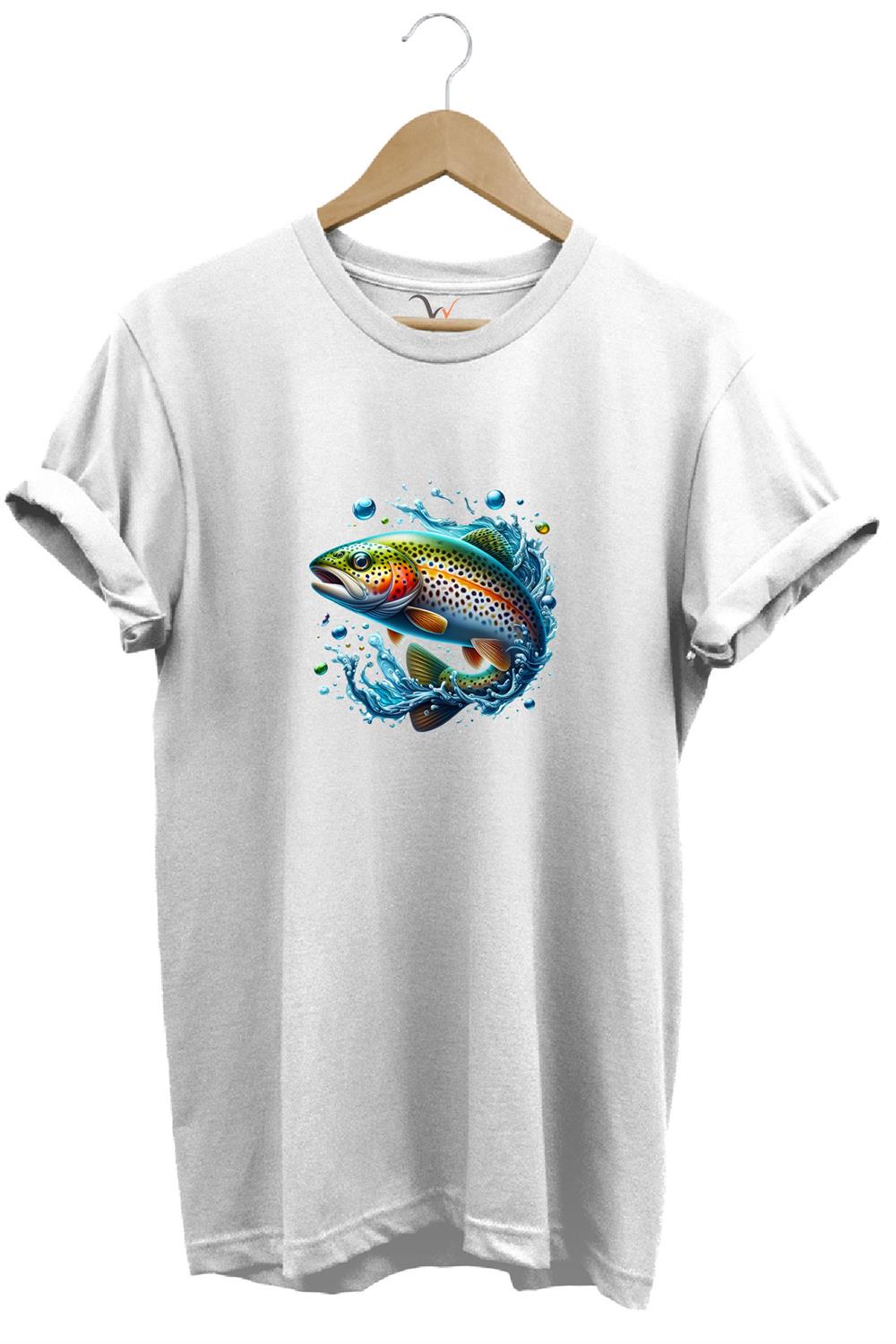 Fishing Avcılık Alabalık Balıkçılığı Baskılı %100 Pamuk Regular Fit Bisiklet Yaka T-Shirt - Beyaz
