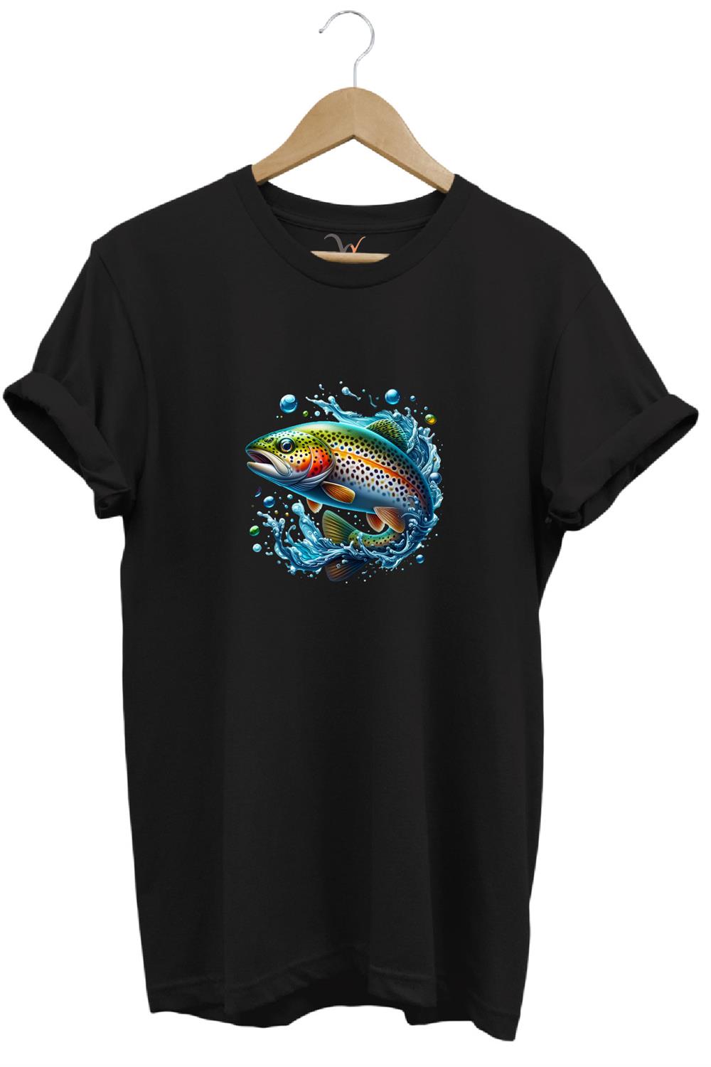 Fishing Avcılık Alabalık Balıkçılığı Baskılı %100 Pamuk Regular Fit Bisiklet Yaka T-Shirt - Siyah