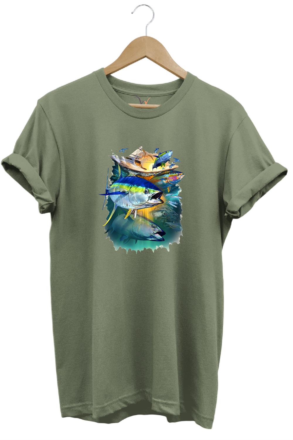 Fishing Balık Baskılı Balıkçılık %100 Pamuk Regular Fit Bisiklet Yaka T-Shirt - Haki