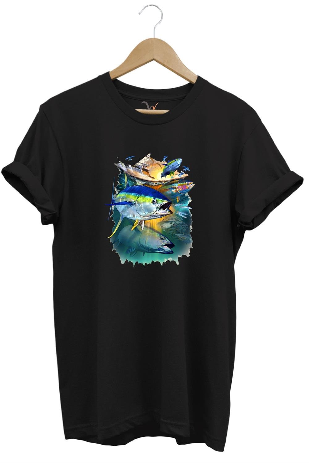 Fishing Balık Baskılı Balıkçılık %100 Pamuk Regular Fit Bisiklet Yaka T-Shirt - Siyah