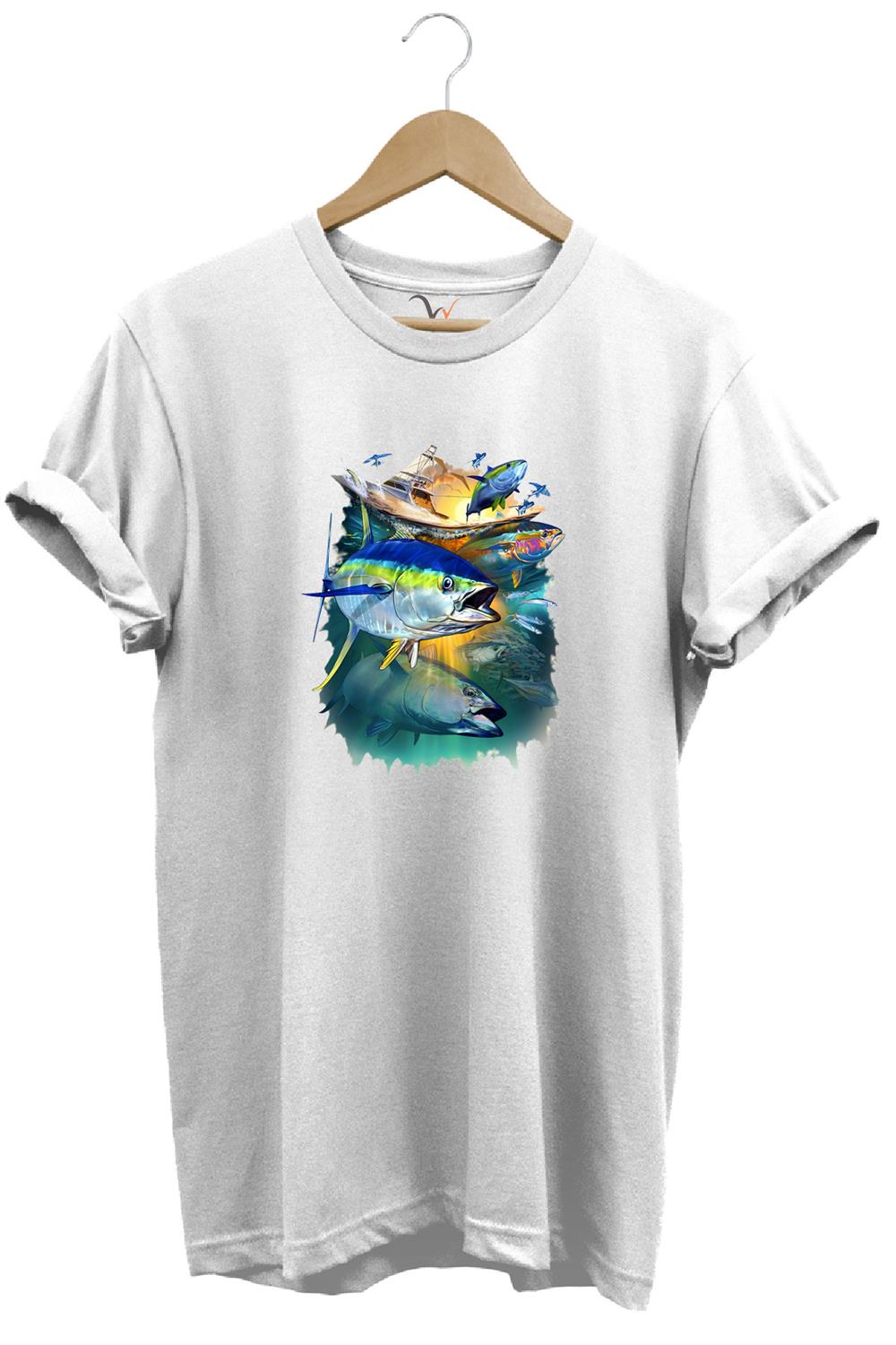 Fishing Balık Baskılı Balıkçılık %100 Pamuk Regular Fit Bisiklet Yaka T-Shirt - Beyaz