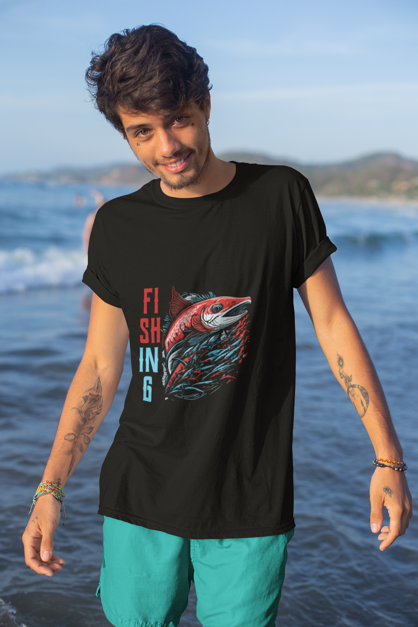 Fishing Balıkçılık Kırmızı Somon Balığı Baskılı %100 Pamuk Regular Fit T-Shirt - Siyah
