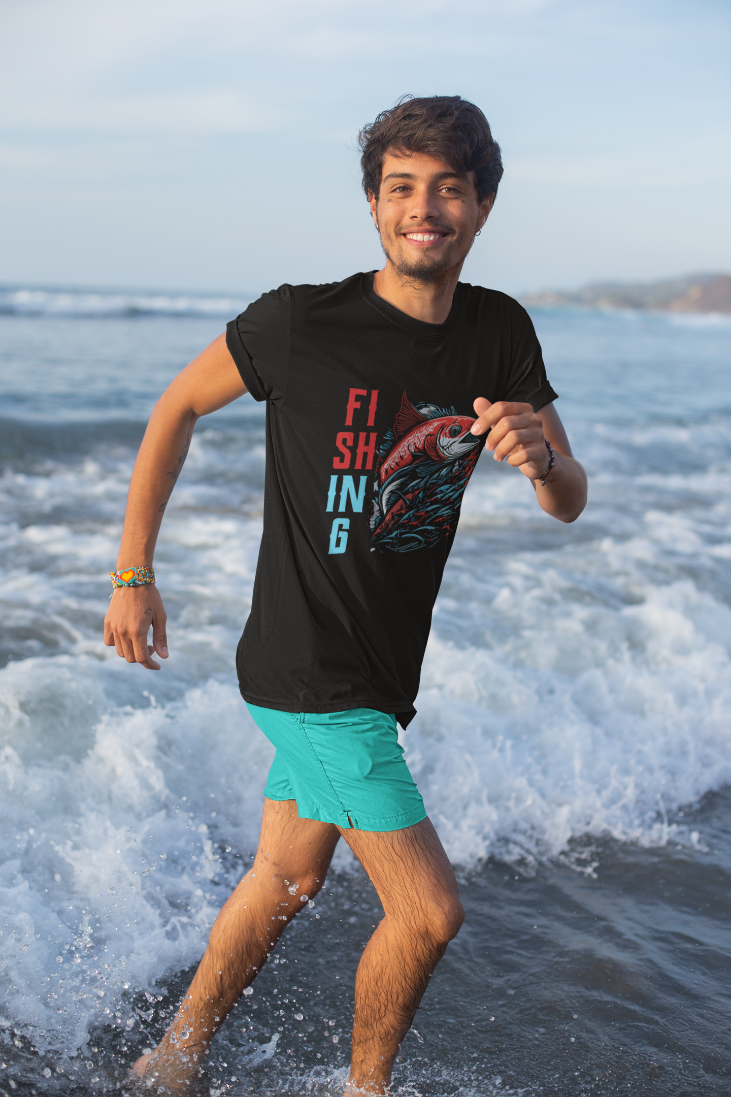 Fishing Balıkçılık Kırmızı Somon Balığı Baskılı %100 Pamuk Regular Fit T-Shirt - Siyah