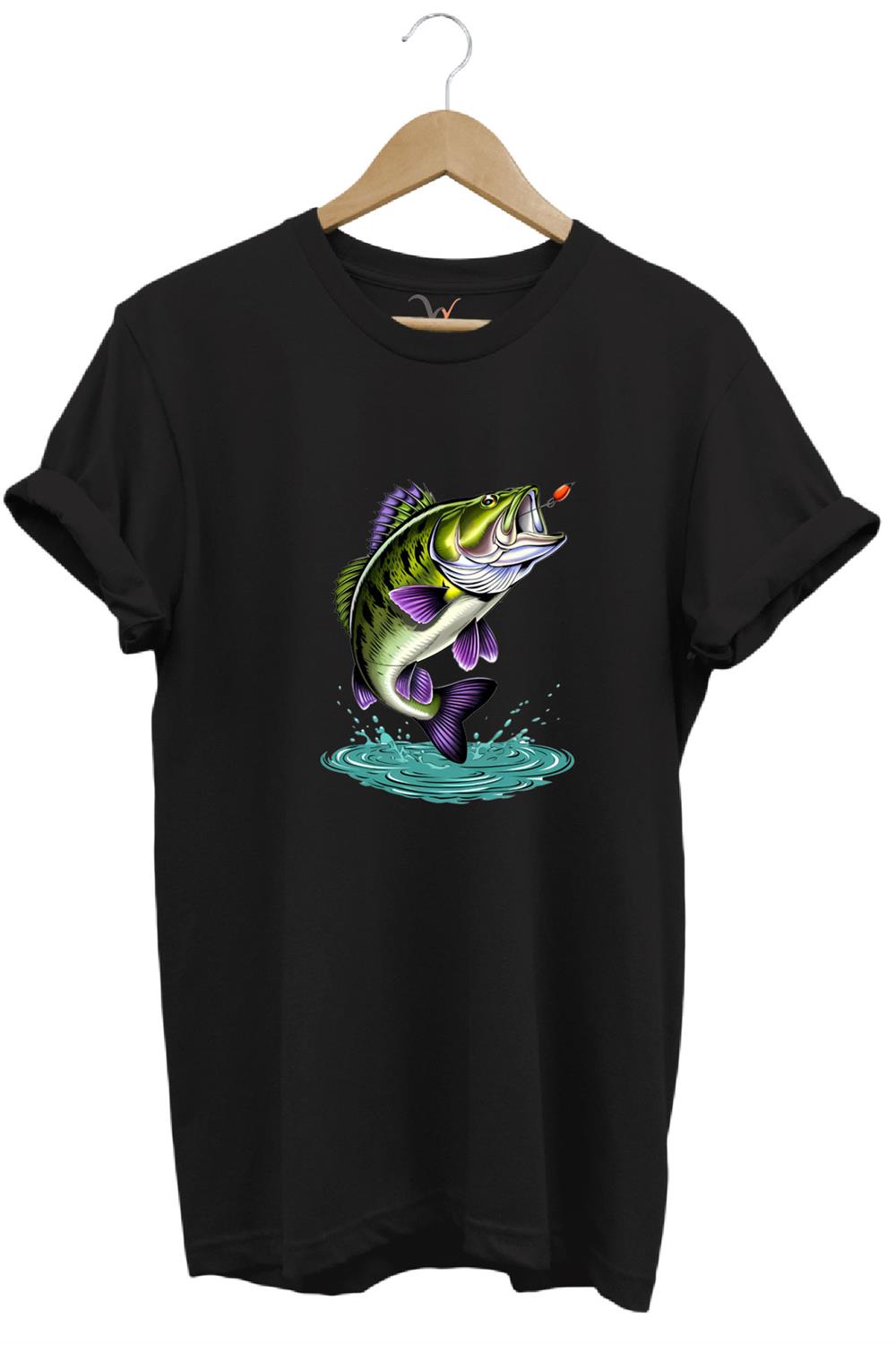 Fishing Balıkçılık Levrek Balığı Baskılı Avcı %100 Pamuk Regular Fit Unisex T-Shirt - Siyah