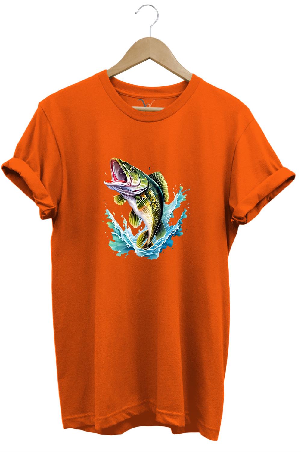 Fishing Balıkçılık Levrek Balığı Deniz Baskılı %100 Pamuk Regular Fit Bisiklet Yaka T-Shirt - Turuncu