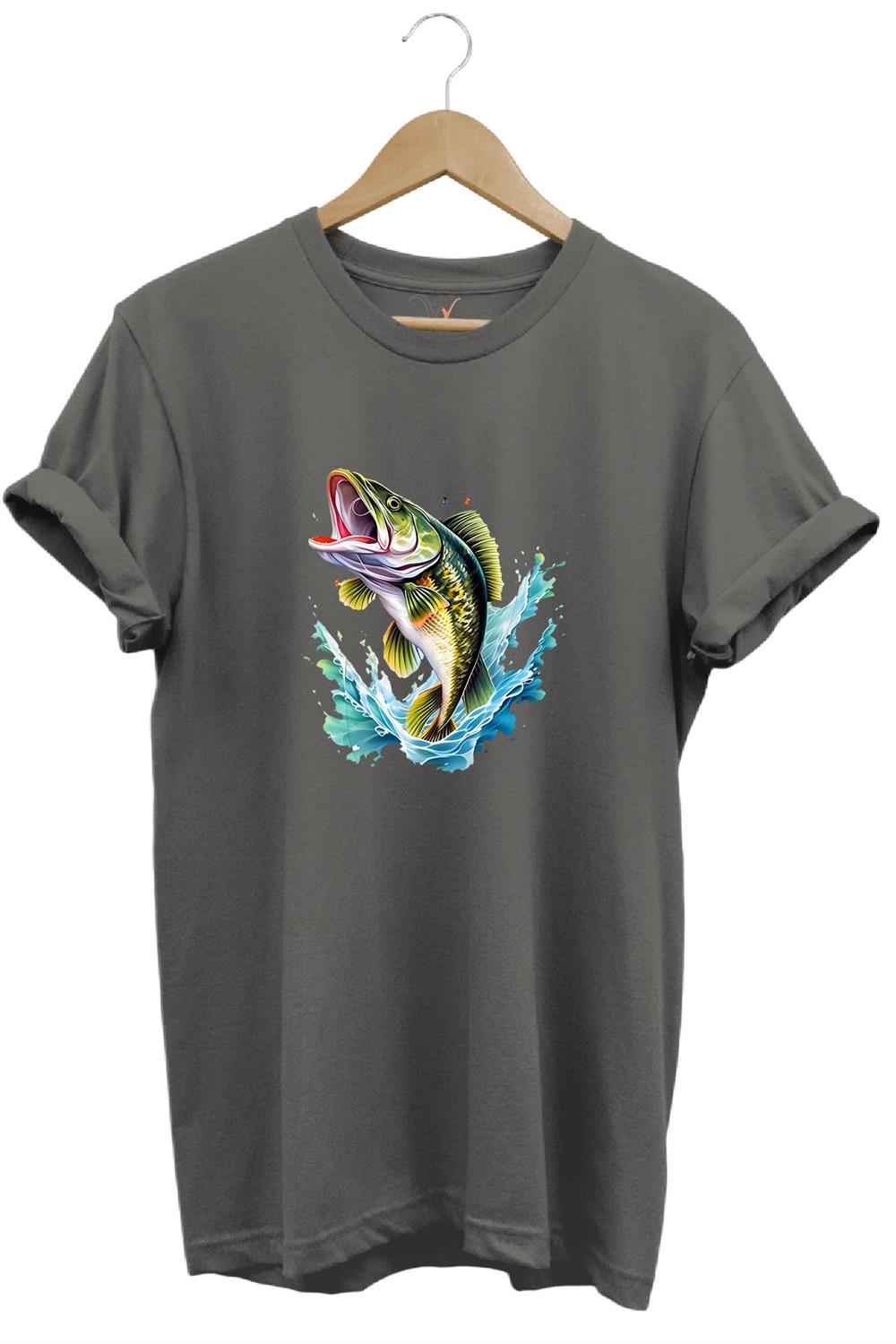 Fishing Balıkçılık Levrek Balığı Deniz Baskılı %100 Pamuk Regular Fit Bisiklet Yaka T-Shirt - Antrasit