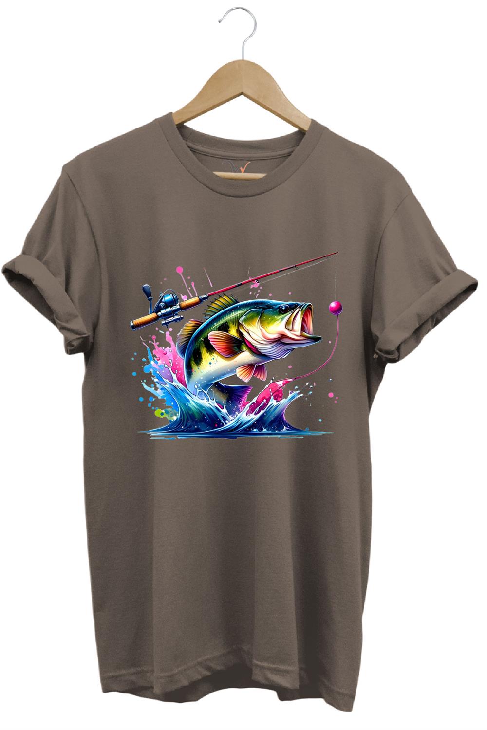 Fishing Balıkçılık Renkli Levrek Balığı Baskılı Avcılık %100 Pamuk Regular Fit Unisex T-Shirt - Kahve