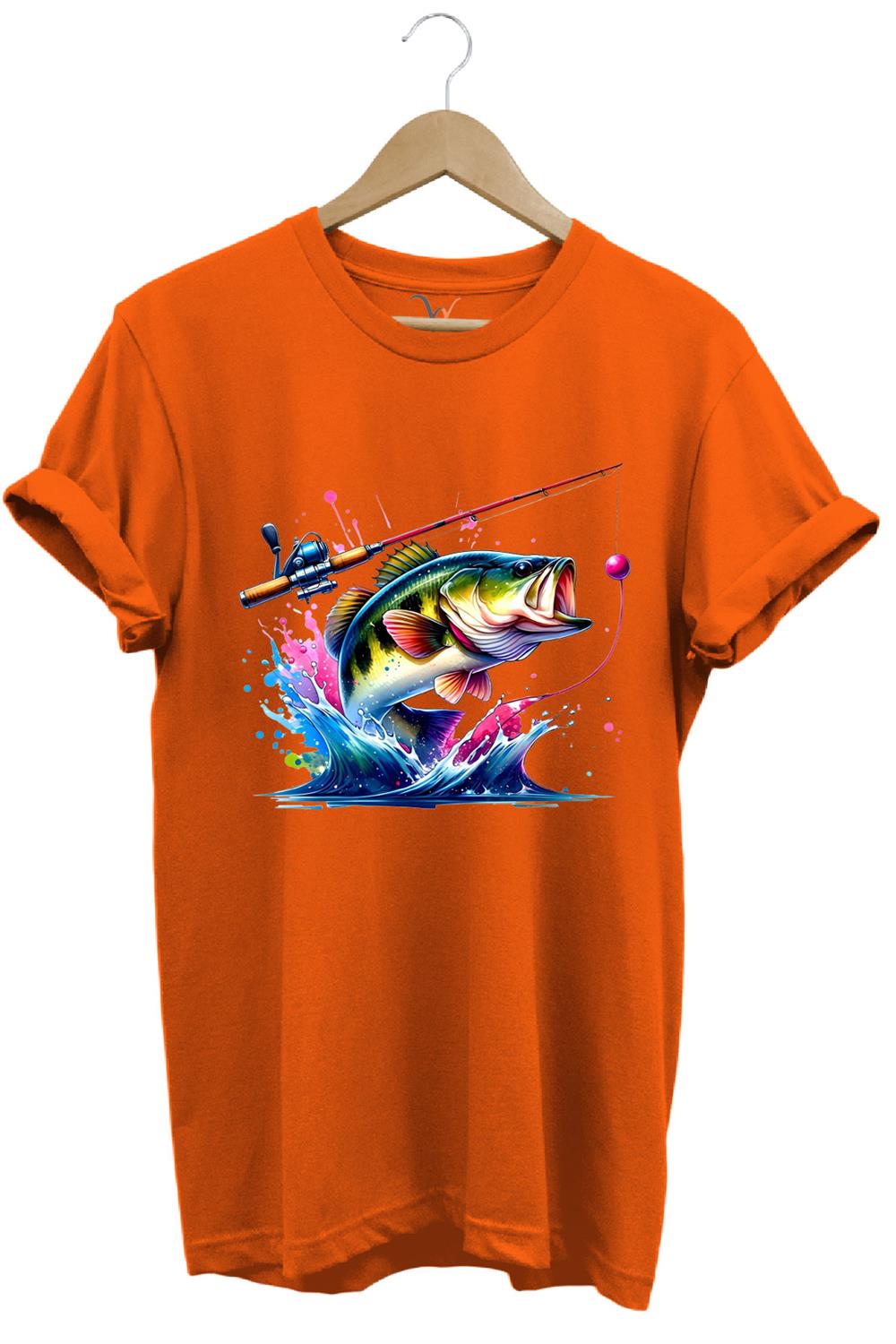 Fishing Balıkçılık Renkli Levrek Balığı Baskılı Avcılık %100 Pamuk Regular Fit Unisex T-Shirt - Turuncu