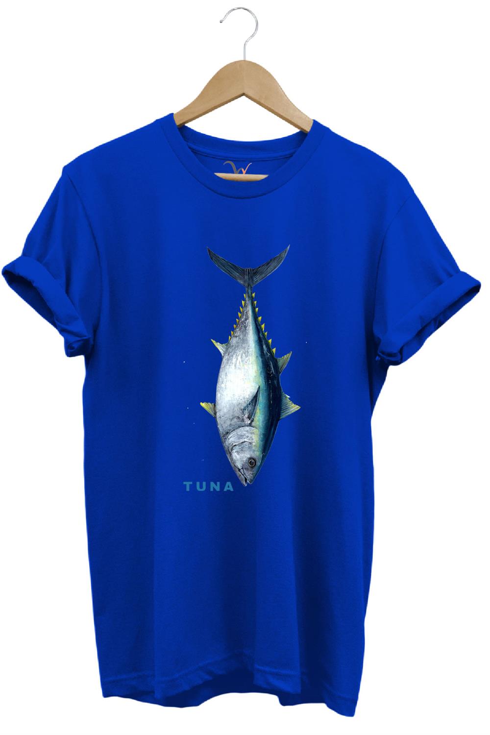 Fishing Balıkçılık Tuna Balığı Tasarım Baskılı %100 Pamuk Regular Fit Unisex T-Shirt - Mavi