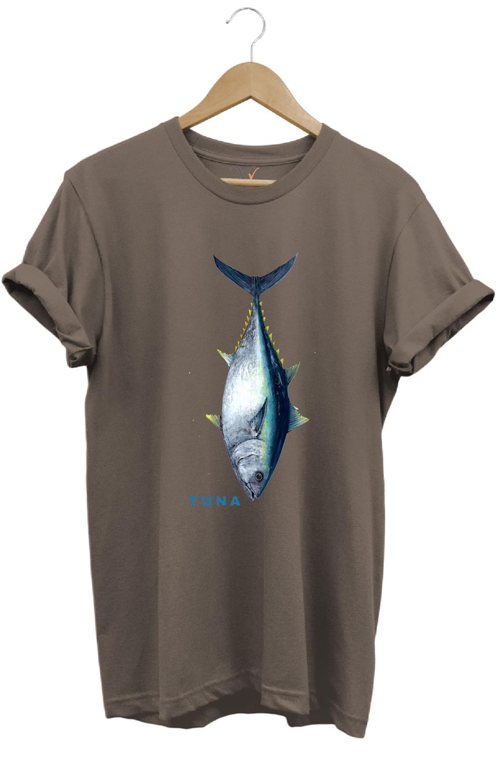 Fishing Balıkçılık Tuna Balığı Tasarım Baskılı %100 Pamuk Regular Fit Unisex T-Shirt - Kahve