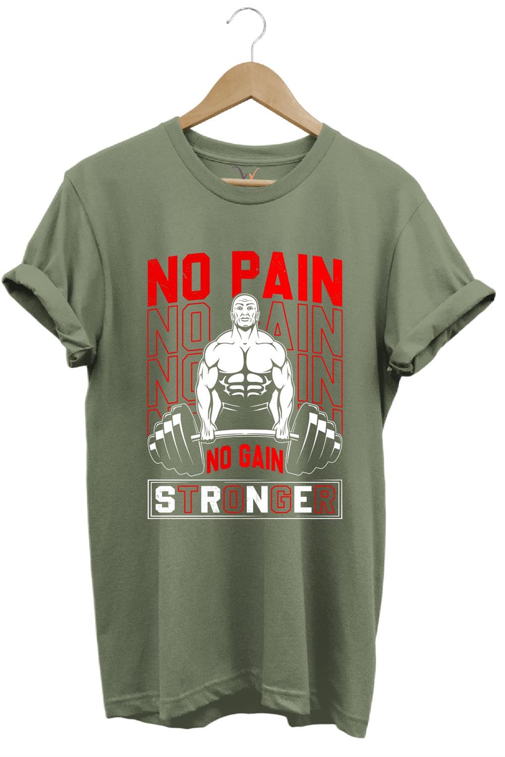 Gym Sporcu Fitness No Pain No Gain Dumbell Tasarım Baskılı %100 Pamuk Regular Fit T-Shirt - Haki