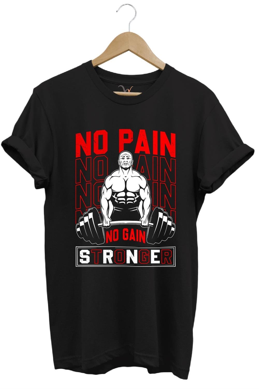 Gym Sporcu Fitness No Pain No Gain Dumbell Tasarım Baskılı %100 Pamuk Regular Fit T-Shirt - Siyah