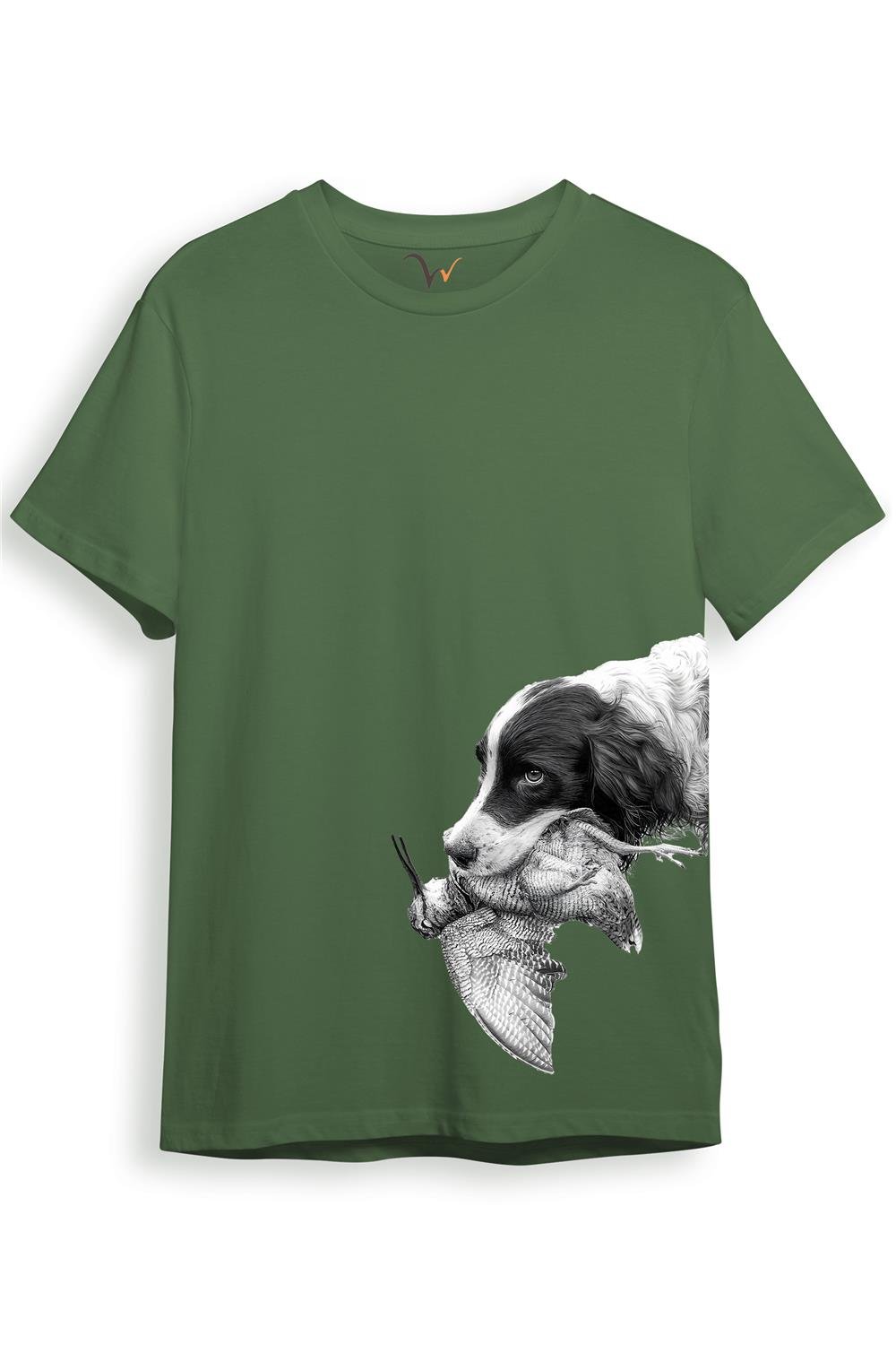 Hunter Avcılık Baskılı Av Köpeği Ağzında Çulluk Yan Detay Bakılı %100 Pamuk Regular Fit T-Shirt - Haki