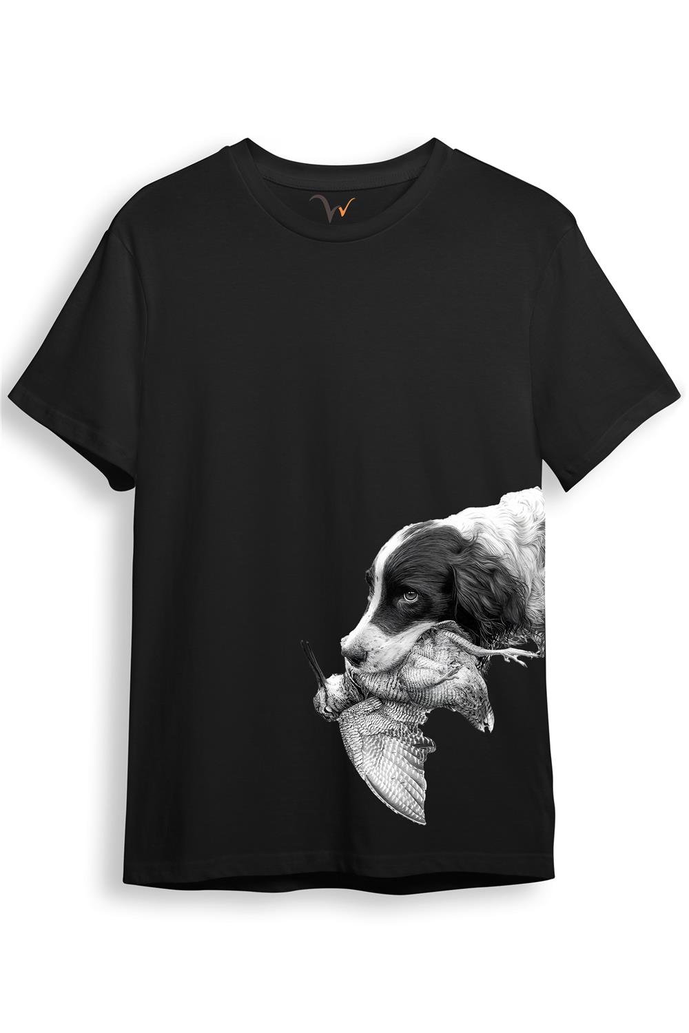 Hunter Avcılık Baskılı Av Köpeği Ağzında Çulluk Yan Detay Bakılı %100 Pamuk Regular Fit T-Shirt - Siyah