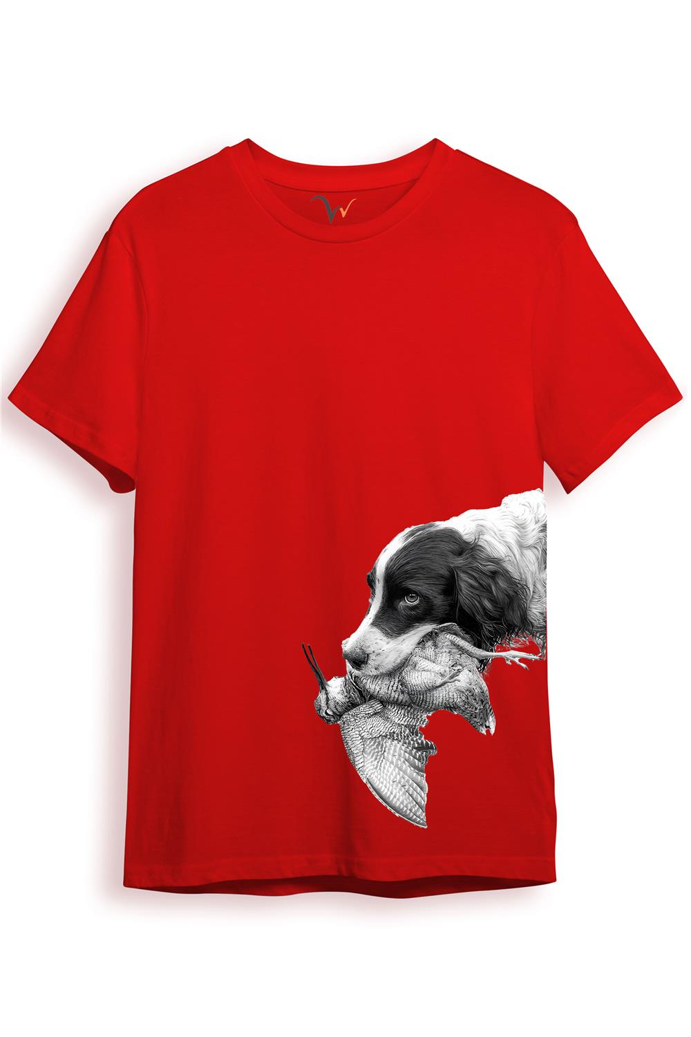 Hunter Avcılık Baskılı Av Köpeği Ağzında Çulluk Yan Detay Bakılı %100 Pamuk Regular Fit T-Shirt - Kırmızı