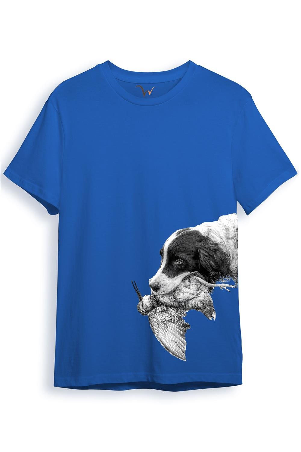 Hunter Avcılık Baskılı Av Köpeği Ağzında Çulluk Yan Detay Bakılı %100 Pamuk Regular Fit T-Shirt - Mavi