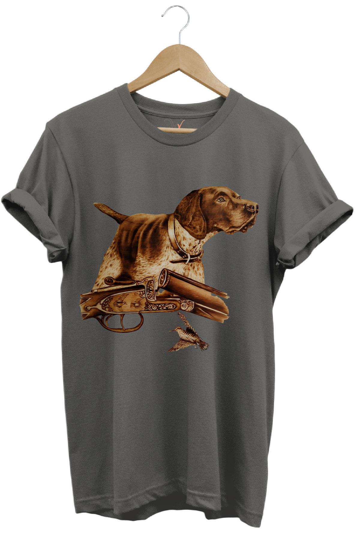 Hunter Avcılık Temalı Fişek Labrador Retriever Setter Pointer Baskılı %100 Pamuk Regular Fit T-Shirt - Antrasit
