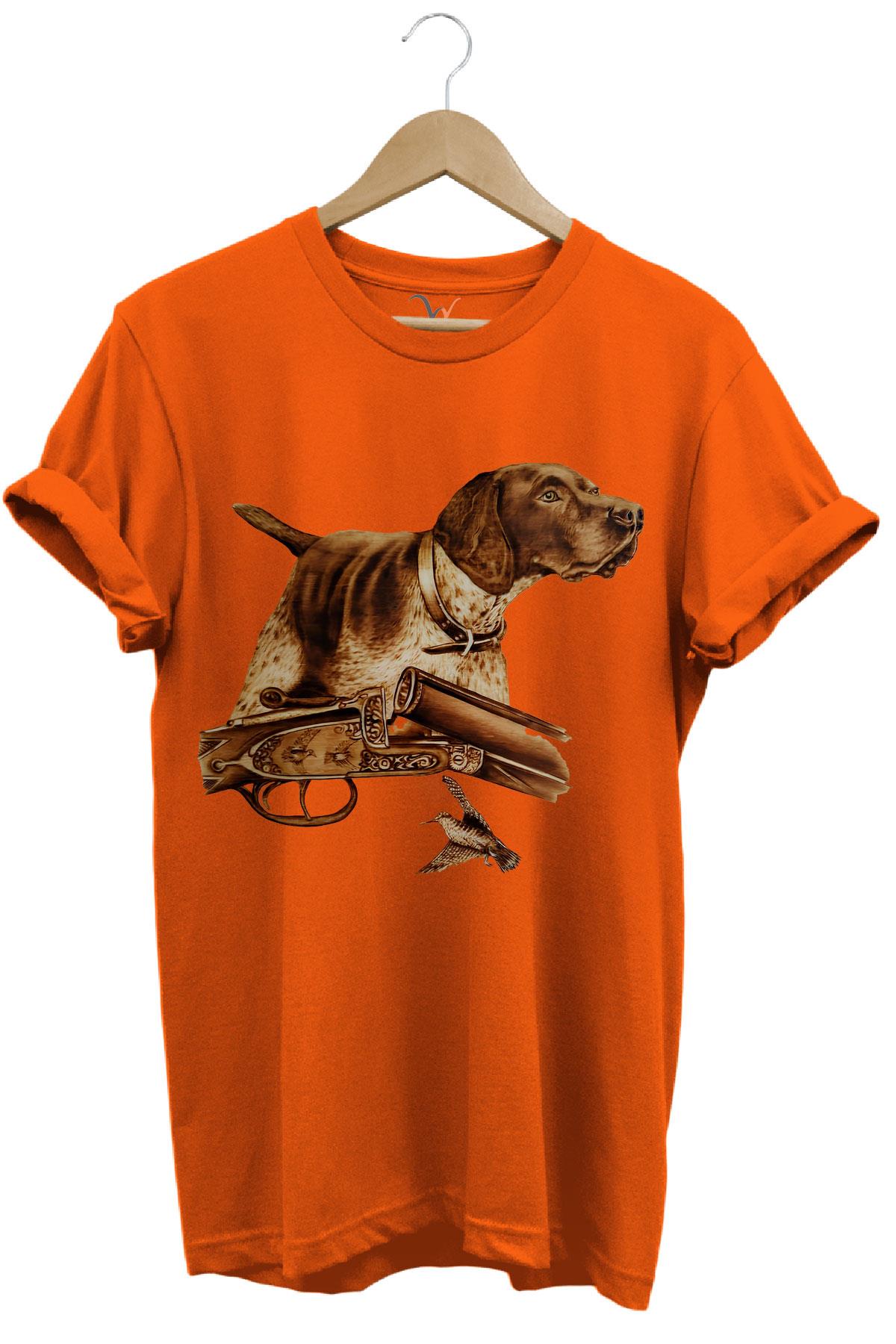 Hunter Avcılık Temalı Fişek Labrador Retriever Setter Pointer Baskılı %100 Pamuk Regular Fit T-Shirt - Turuncu