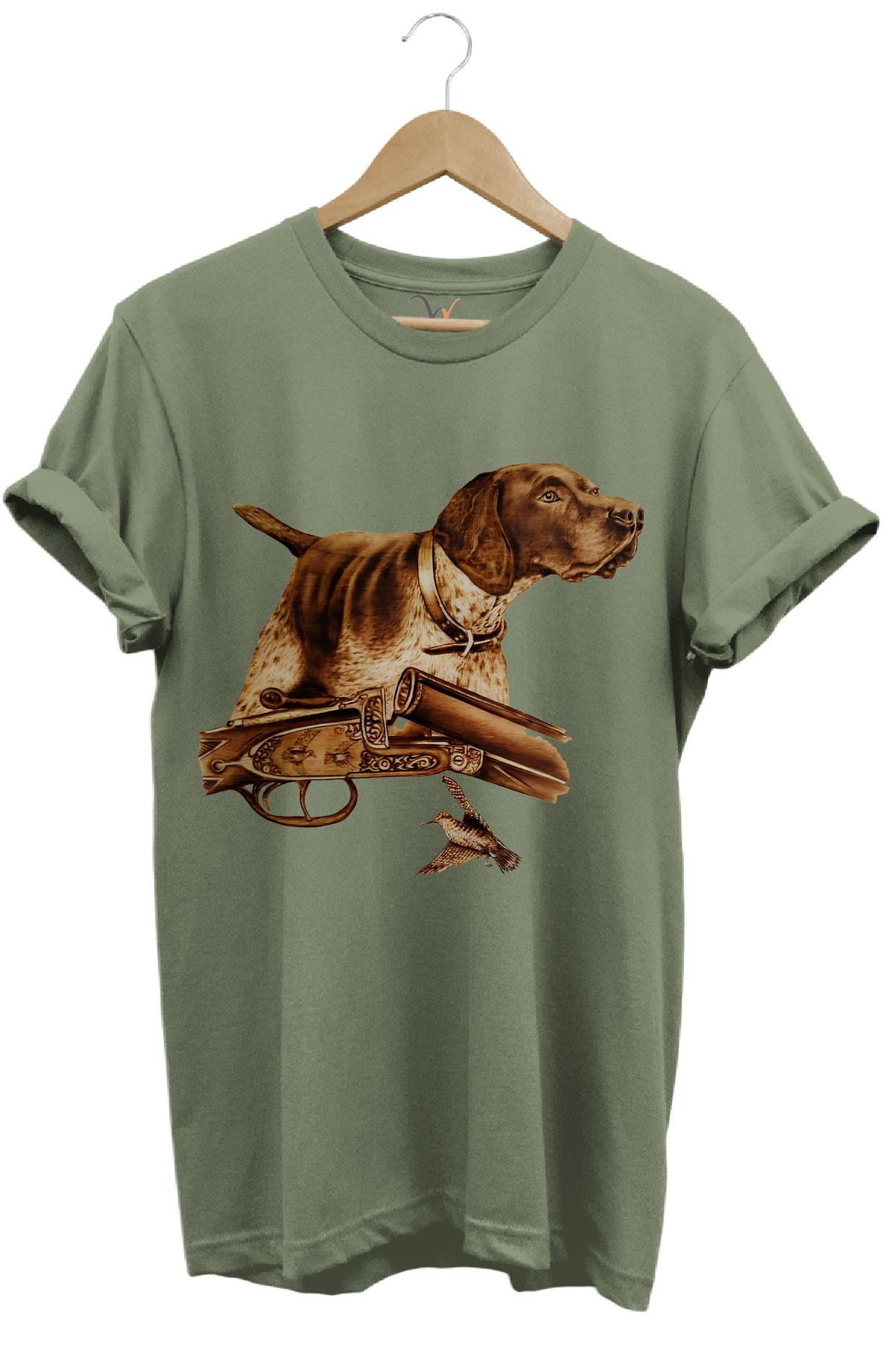 Hunter Avcılık Temalı Fişek Labrador Retriever Setter Pointer Baskılı %100 Pamuk Regular Fit T-Shirt - Haki