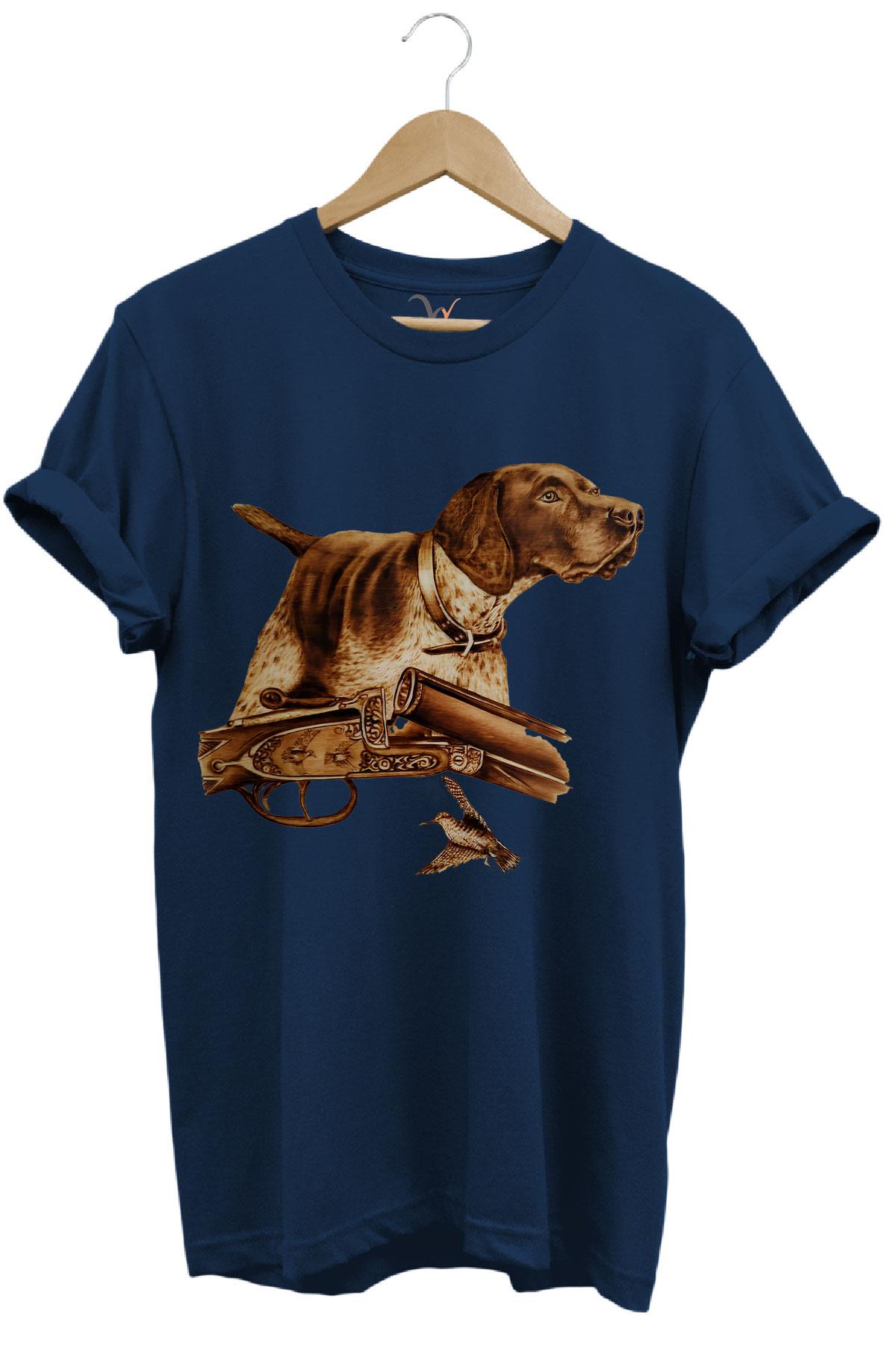 Hunter Avcılık Temalı Fişek Labrador Retriever Setter Pointer Baskılı %100 Pamuk Regular Fit T-Shirt - Lacivert