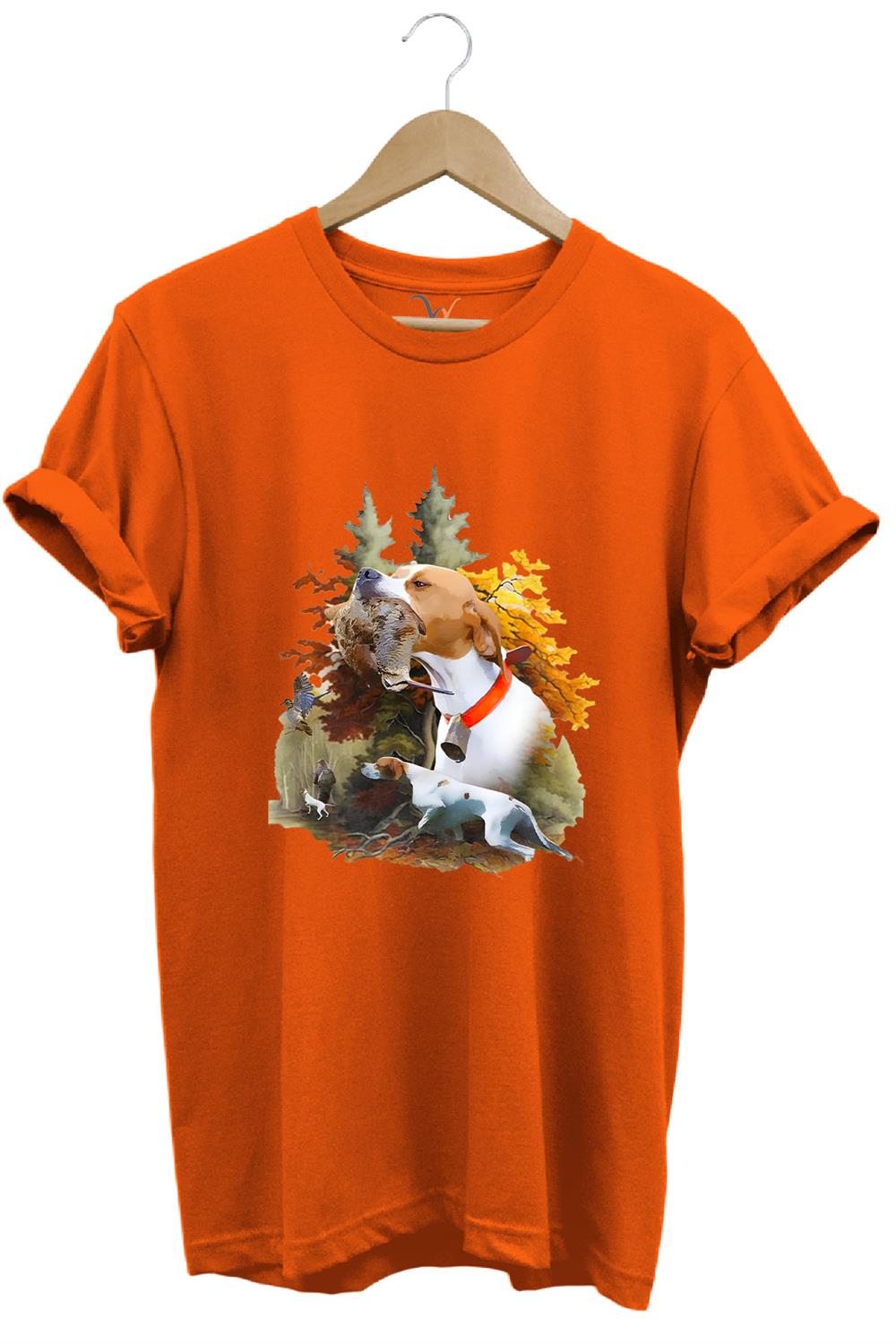 Hunting Avcılık Çulluk Ve English Pointer Av Köpeği Baskılı %100 Pamuk Regular Fit T-Shirt - Turuncu