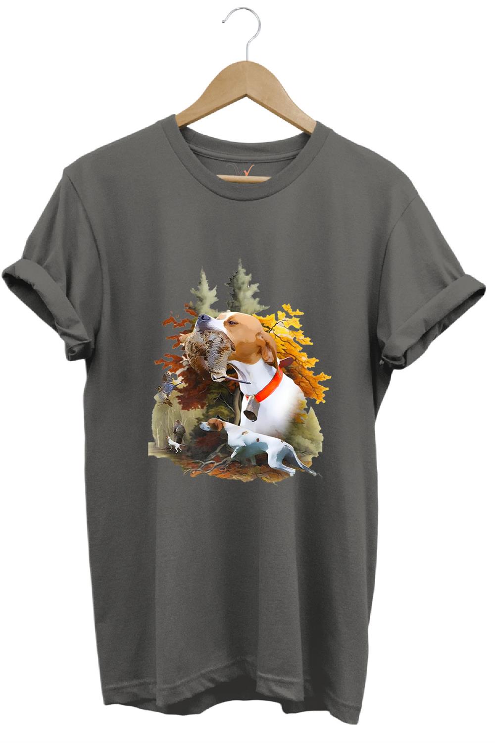 Hunting Avcılık Çulluk Ve English Pointer Av Köpeği Baskılı %100 Pamuk Regular Fit T-Shirt - Antrasit