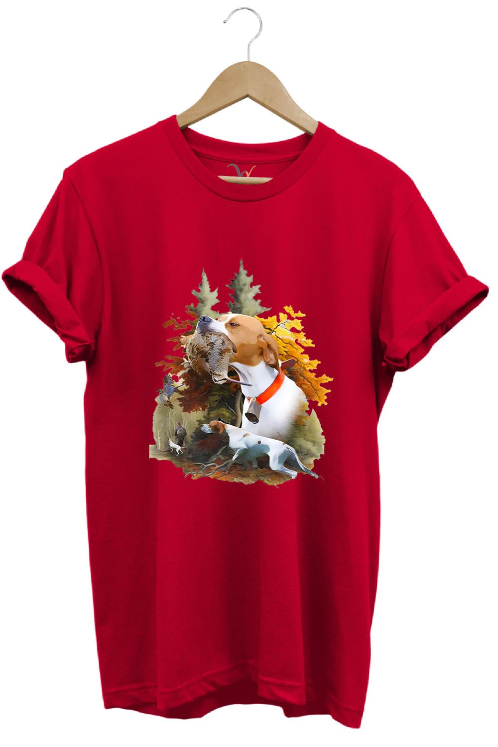 Hunting Avcılık Çulluk Ve English Pointer Av Köpeği Baskılı %100 Pamuk Regular Fit T-Shirt - Kırmızı