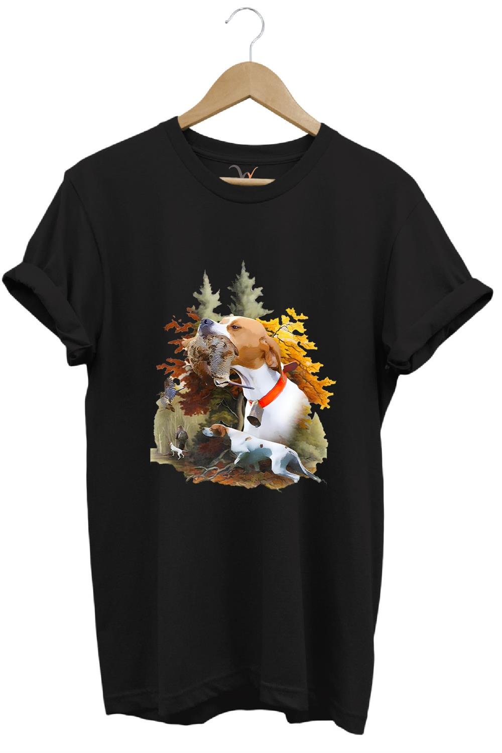 Hunting Avcılık Çulluk Ve English Pointer Av Köpeği Baskılı %100 Pamuk Regular Fit T-Shirt - Siyah