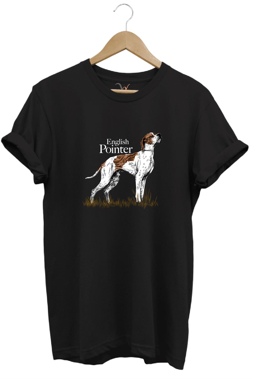 Hunting Avcılık English Pointer Av Köpeği Baskılı %100 Pamuk Regular Fit Unisex T-Shirt - Siyah