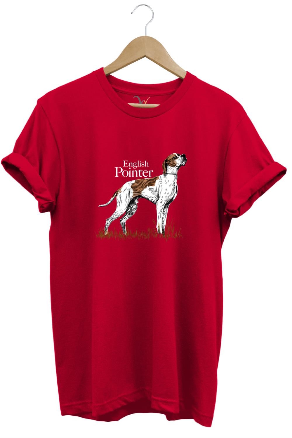 Hunting Avcılık English Pointer Av Köpeği Baskılı %100 Pamuk Regular Fit Unisex T-Shirt - Kırmızı