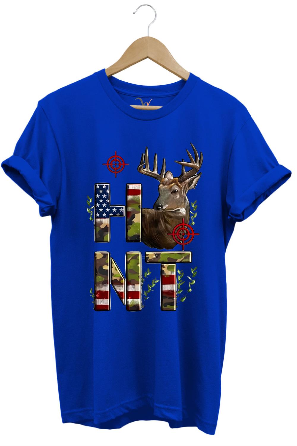 Hunting Avcılık Geyik Ve Kamuflaj Hunt Yazı Baskılı %100 Pamuk Regular Fit Bisiklet Yaka T-Shirt - Mavi