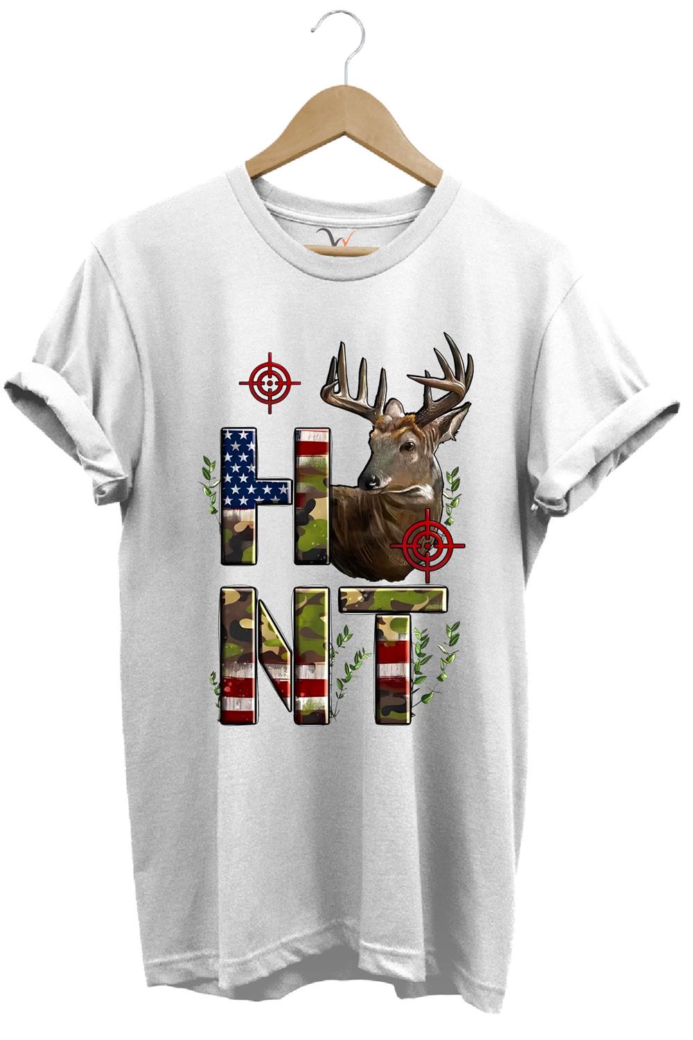 Hunting Avcılık Geyik Ve Kamuflaj Hunt Yazı Baskılı %100 Pamuk Regular Fit Bisiklet Yaka T-Shirt - Beyaz