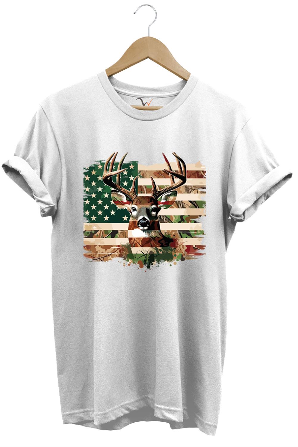 Hunting Avcılık Kamuflaj Geyik Avı Poster Baskılı %100 Pamuk Regular Fit Bisiklet Yaka T-Shirt - Beyaz