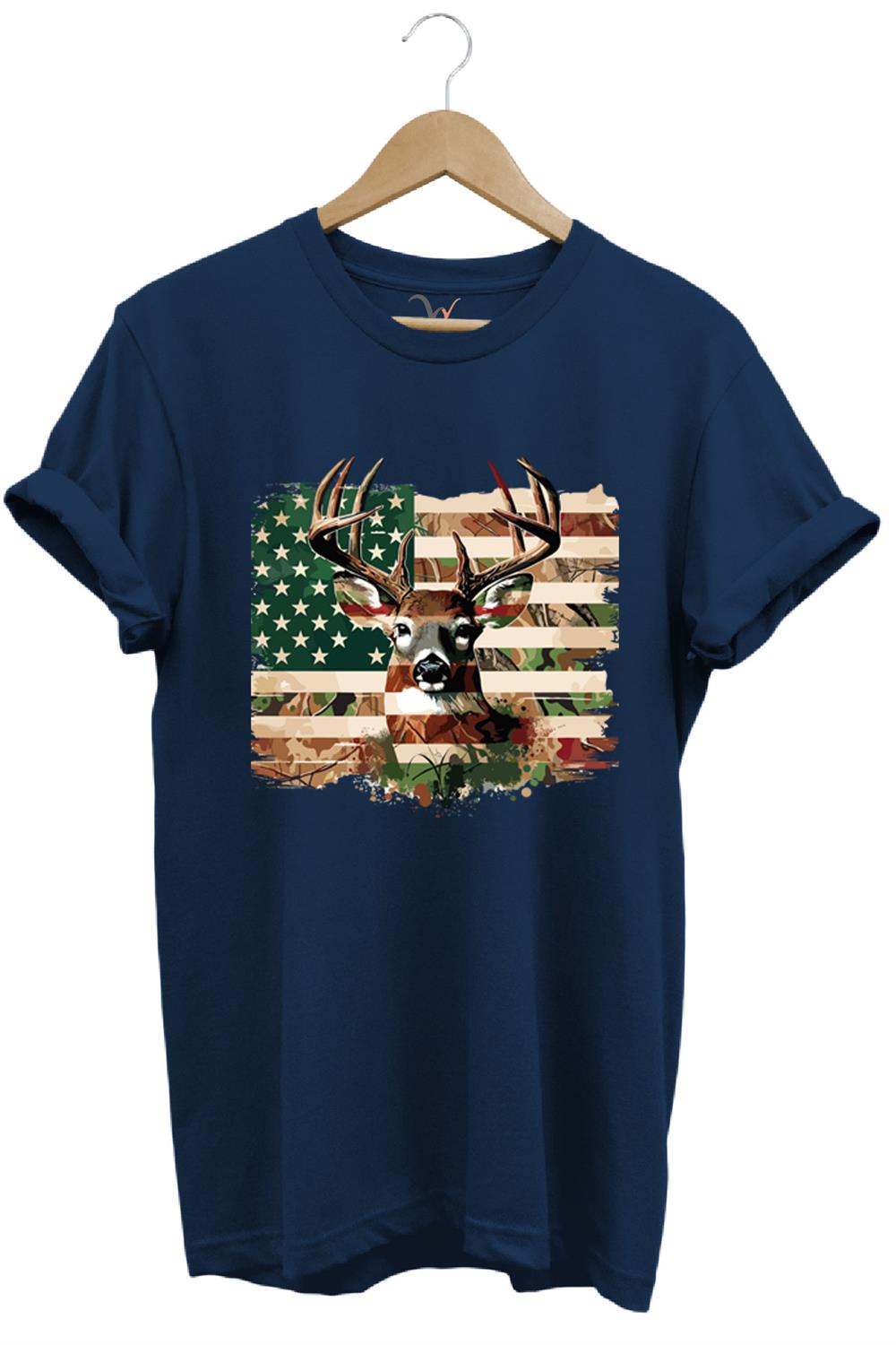 Hunting Avcılık Kamuflaj Geyik Avı Poster Baskılı %100 Pamuk Regular Fit Bisiklet Yaka T-Shirt - Lacivert