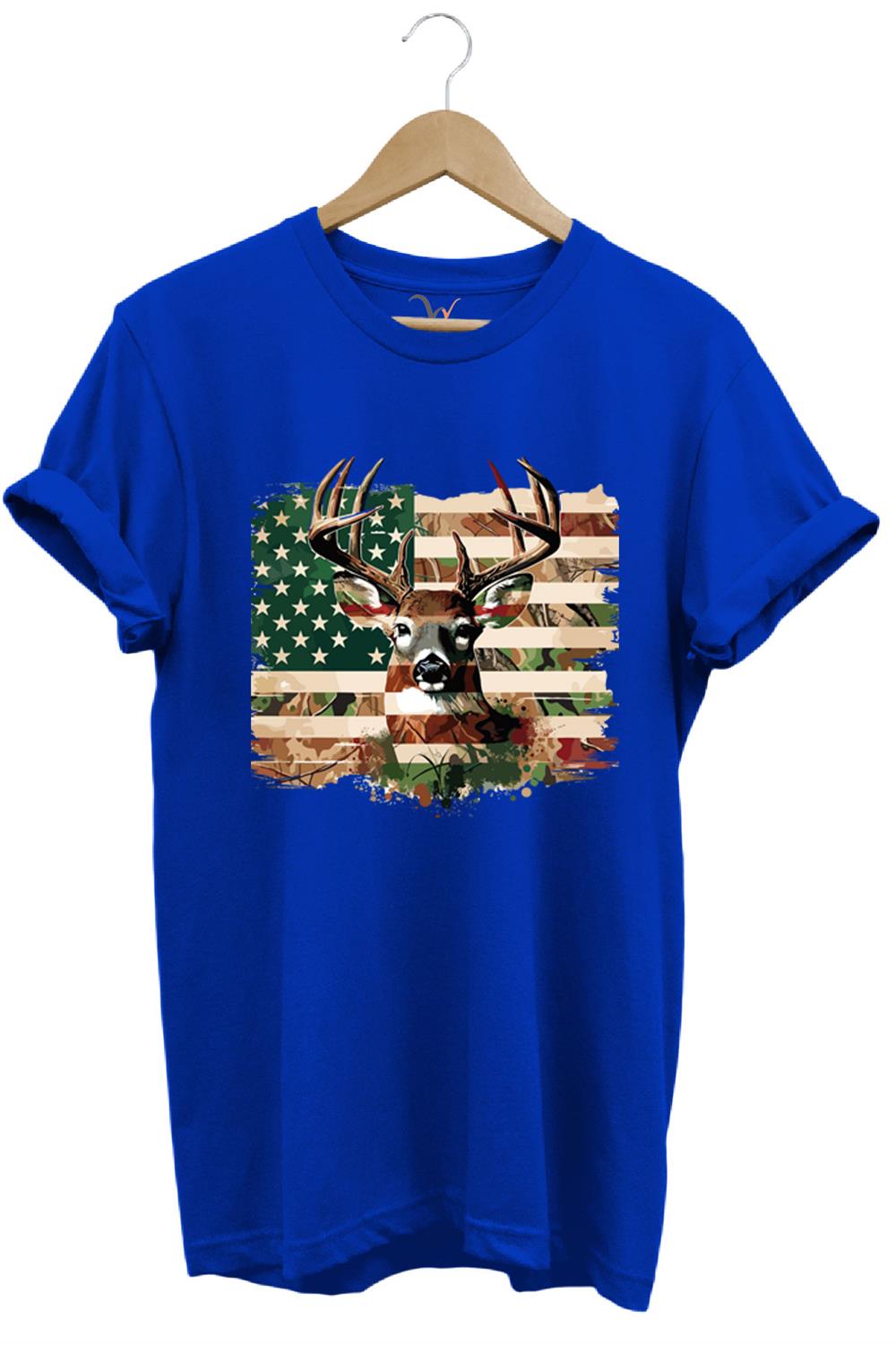 Hunting Avcılık Kamuflaj Geyik Avı Poster Baskılı %100 Pamuk Regular Fit Bisiklet Yaka T-Shirt - Mavi