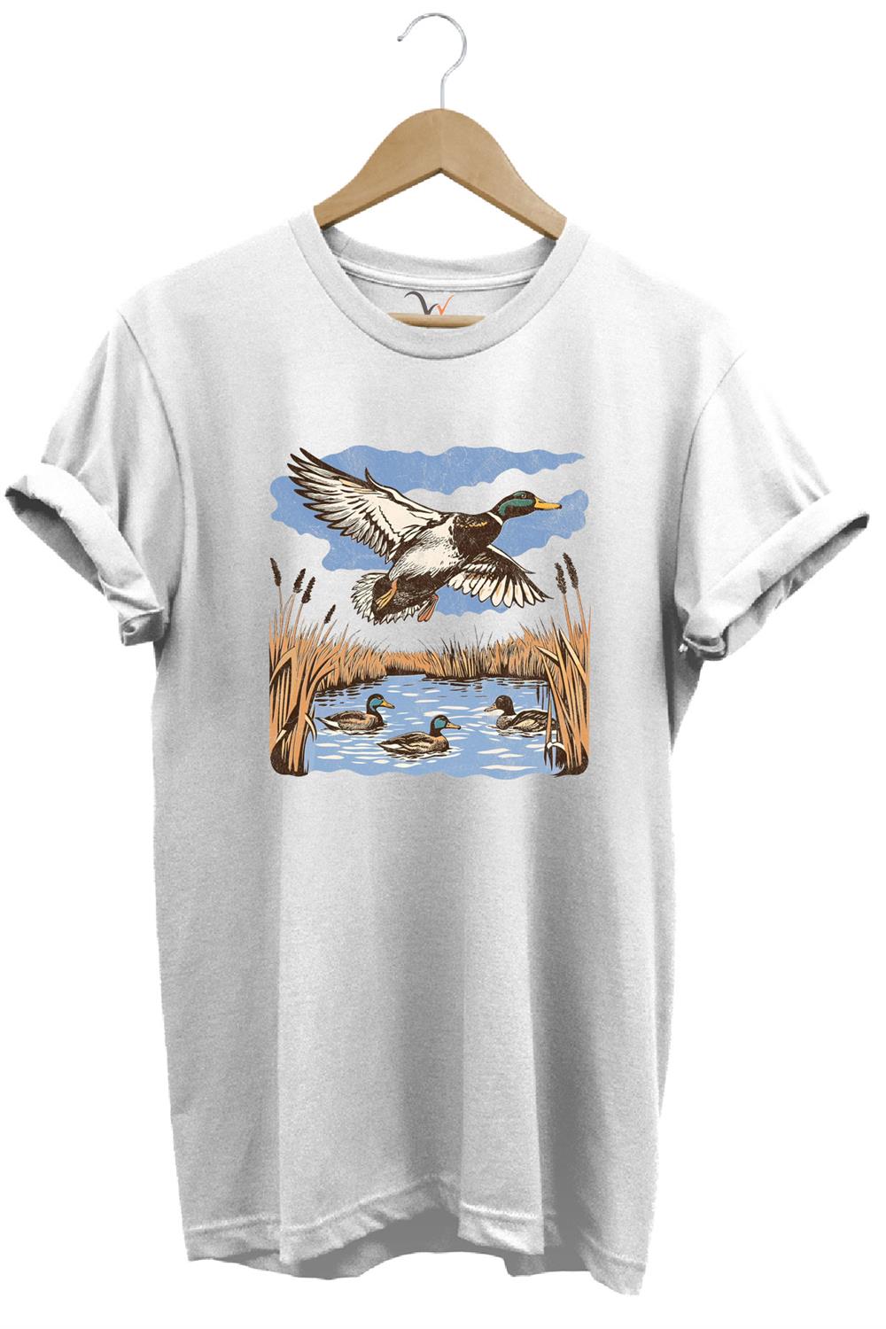 Hunting Avcılık Ördek Avı Sazlık Göl Baskılı %100 Pamuk Regular Fit Unisex T-Shirt - Beyaz