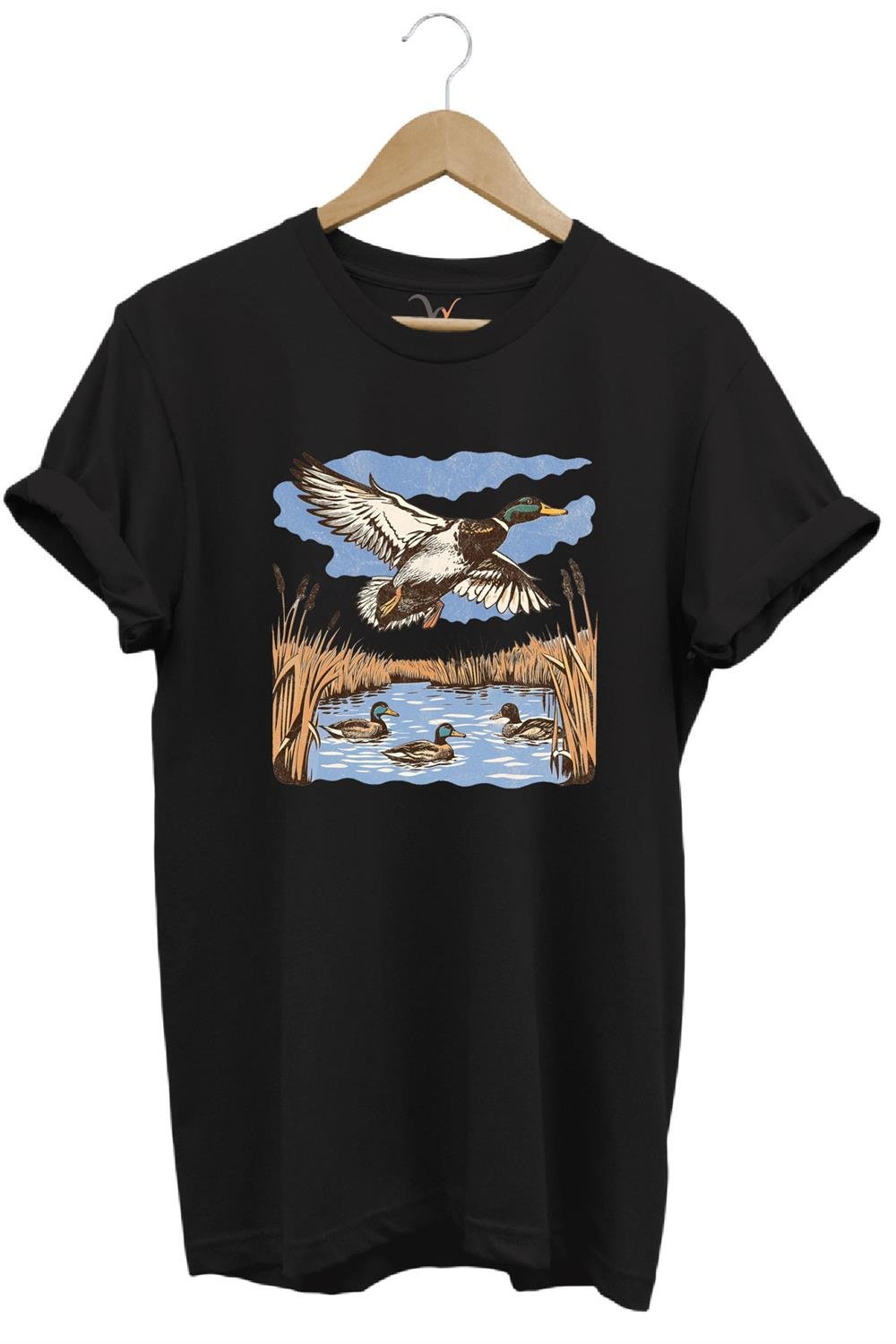 Hunting Avcılık Ördek Avı Sazlık Göl Baskılı %100 Pamuk Regular Fit Unisex T-Shirt - Siyah