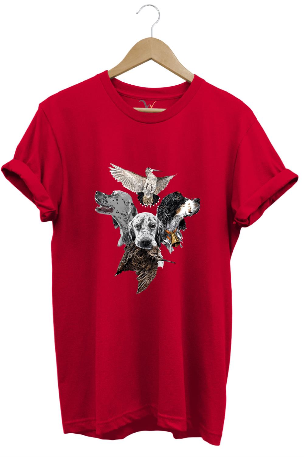 Hunting Avcılık Pointer Çulluk Setter Baskılı %100 Pamuk Regular Fit Unisex T-Shirt - Kırmızı