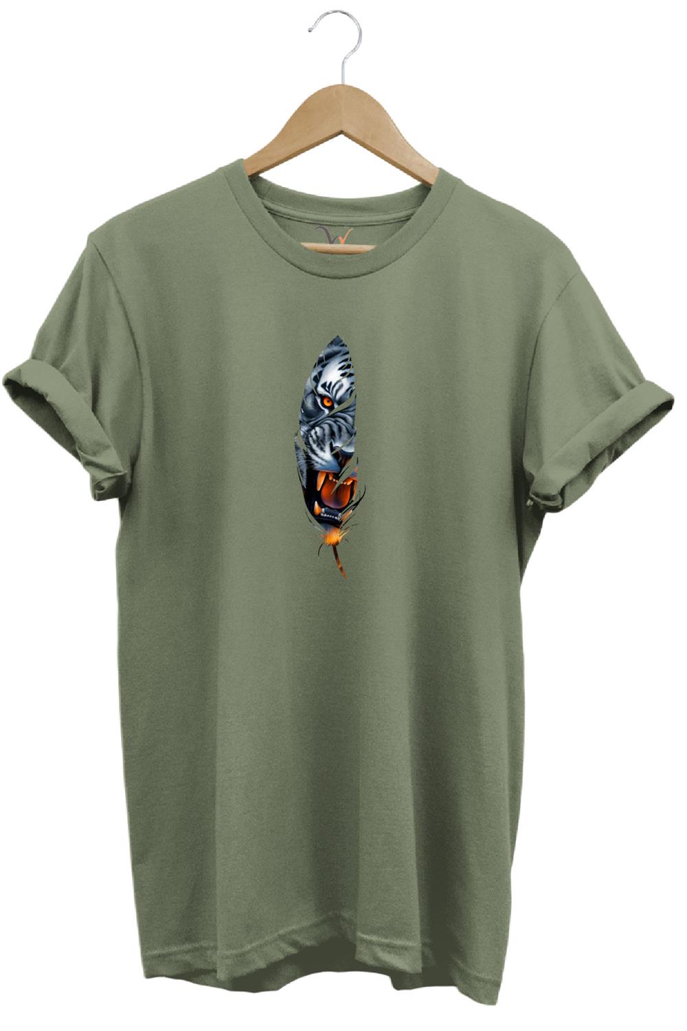 Kaplan Tüy Baskılı Şık Minimal %100 Pamuk Regular Fit Bisiklet Yaka T-Shirt - Haki
